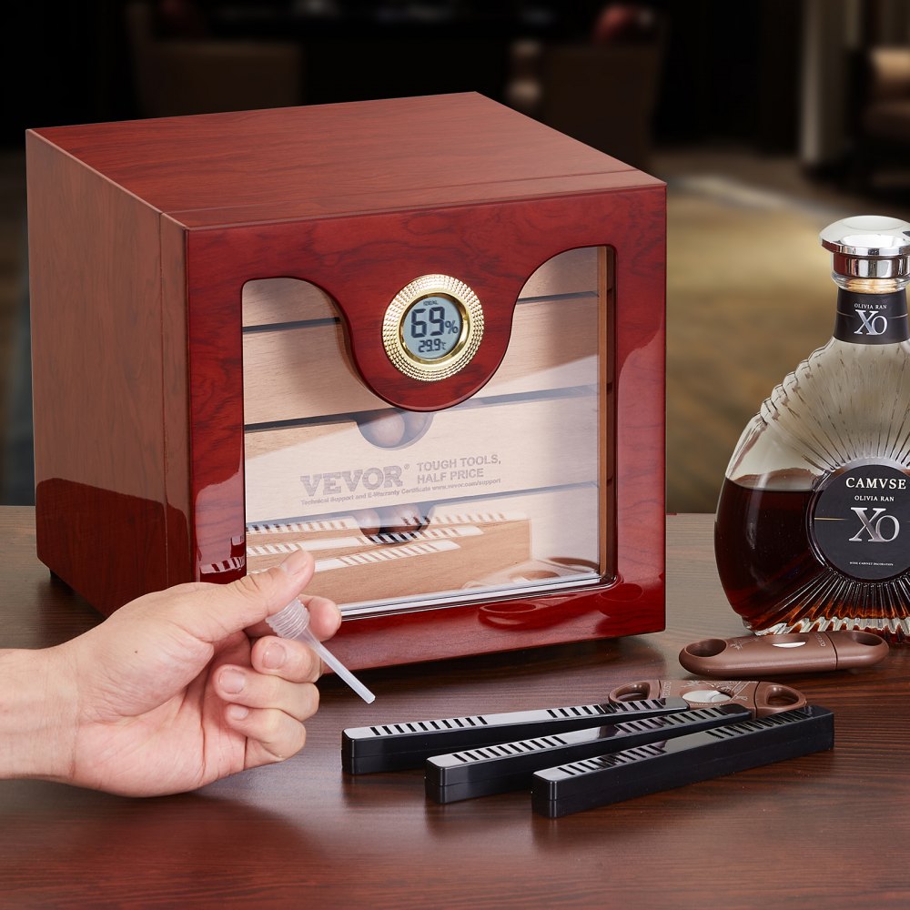 VEVOR Humidor per Sigari, Humidor per Sigari Fatto a Mano in Legno di Cedro Spagnolo per 50-100 Sigari, Custodia da Tavolo in Vetro con Umidificatore Digitale, Igrometro e Ripiani, Regalo per Uomini