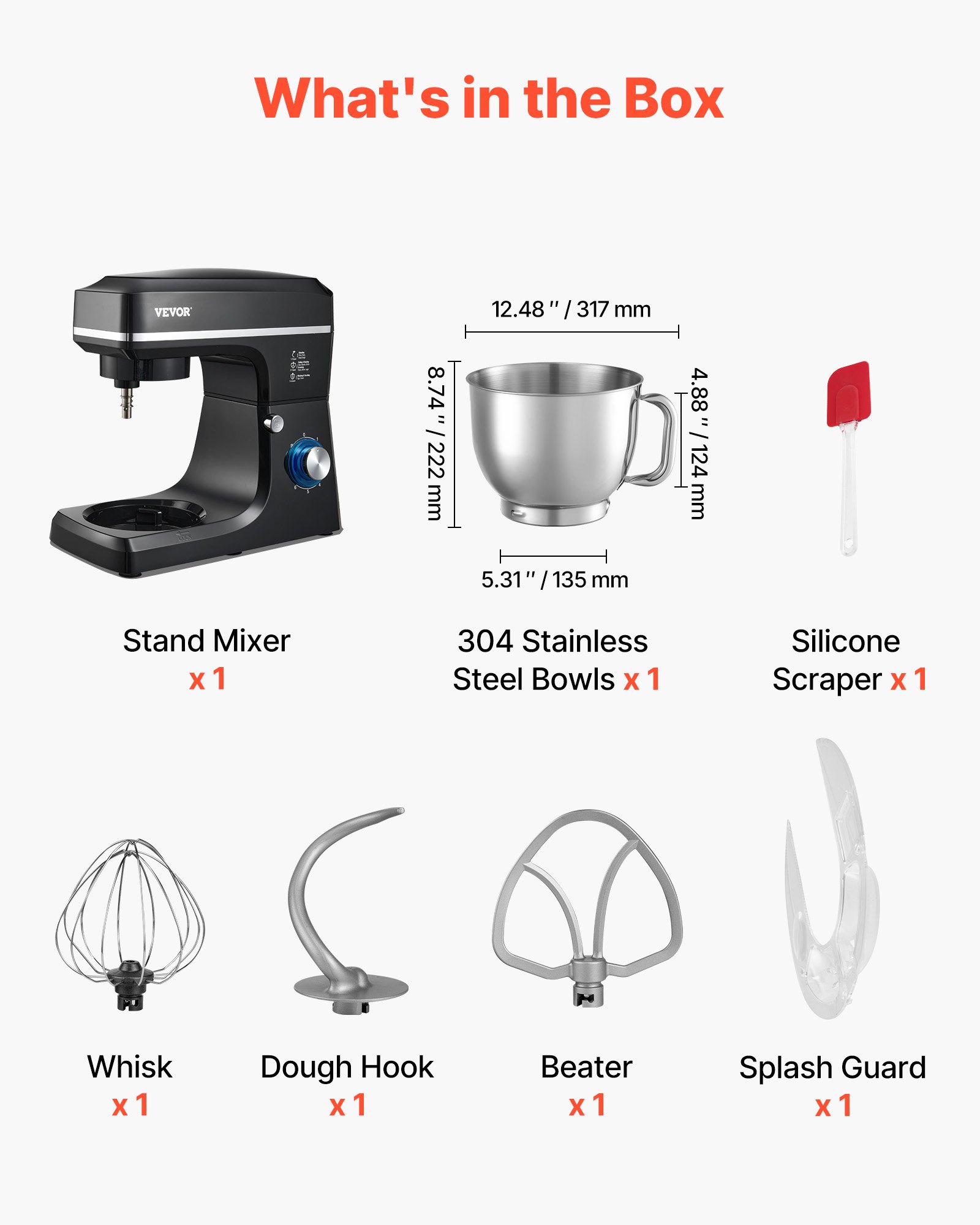 VEVOR Robot da Cucina Impastatrice 1400 W 7,84 L Robot da Cucina con Testa Inclinabile Ciotola in Acciaio Inossidabile Gancio per Impastare Frusta Raschietto, Robot da Cucina Domestico per Mescolare