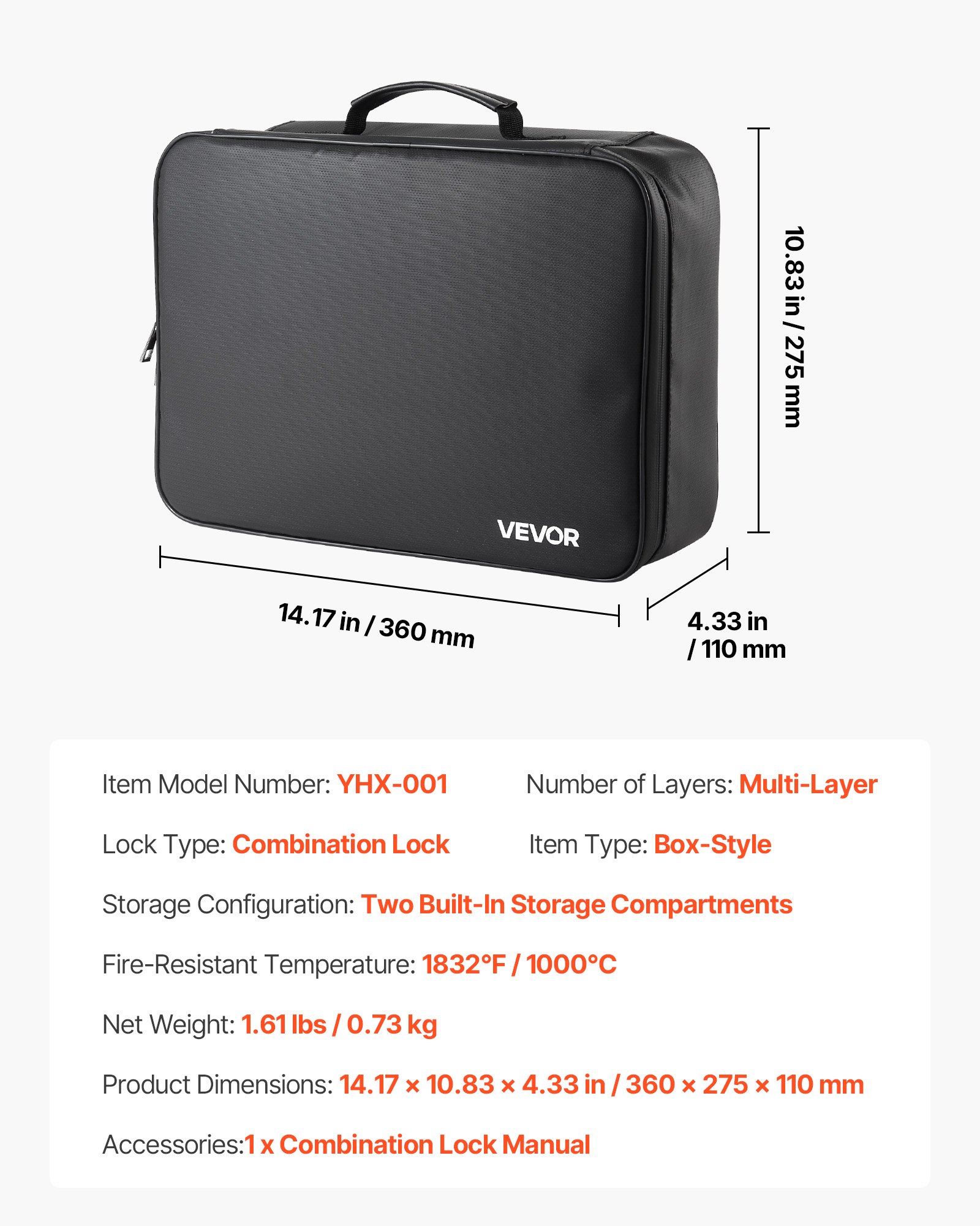 VEVOR Borsa Portadocumenti Ignifuga, Scatola Ignifuga e Impermeabile con Isolamento Termico a 1000°C con Serratura, Borsa Portatile Multistrato per Documenti da Viaggio, File per Ufficio