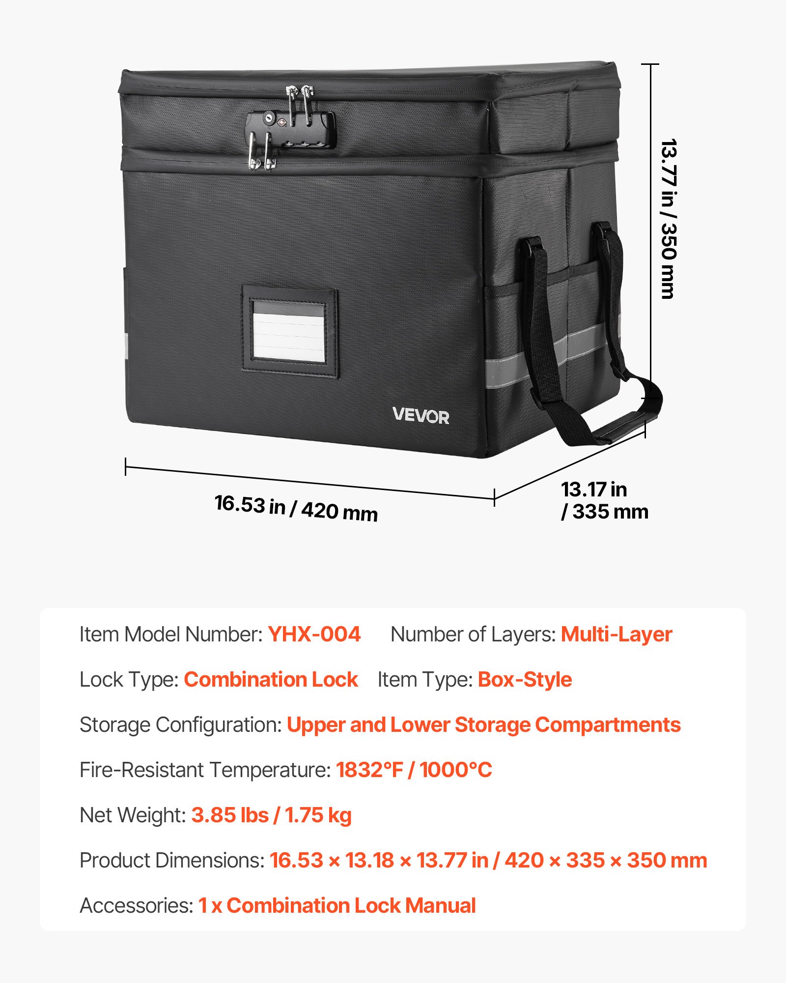 VEVOR Borsa Portadocumenti Ignifuga, Scatola Ignifuga e Impermeabile con Isolamento Termico a 1000°C con Serratura, Borsa Portatile a Due Strati per Documenti da Viaggio, File per Ufficio