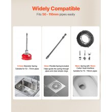 VEVOR Macchina Sturatubi Elettrica per Scarico di Tubi, 500 W, 1400 giri/min, con Cavo a Molla in Acciaio, Pulitrice per Tubi di Scarico con 6 Taglierine Diametro 50-110 mm, Docce, Bagno, Cucina