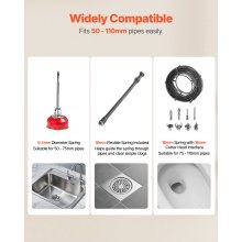 VEVOR Macchina Sturatubi Elettrica per Scarico di Tubi, 500 W, 1400 giri/min, con Cavo a Molla in Acciaio, Pulitrice per Tubi di Scarico Frese Intercambiabile 8 pezzi, Docce, Bagno, Cucina