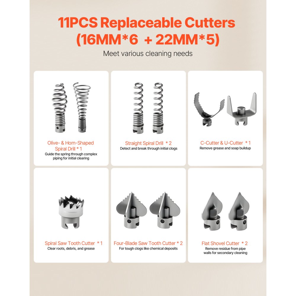 VEVOR Macchina Sturatubi Elettrica per Scarico di Tubi, 850 W, 1400 giri/min, con Cavo a Molla in Acciaio, Pulitrice per Tubi di Scarico con 11 Taglierine per Pulizia Fognature Docce Bagni Cucine