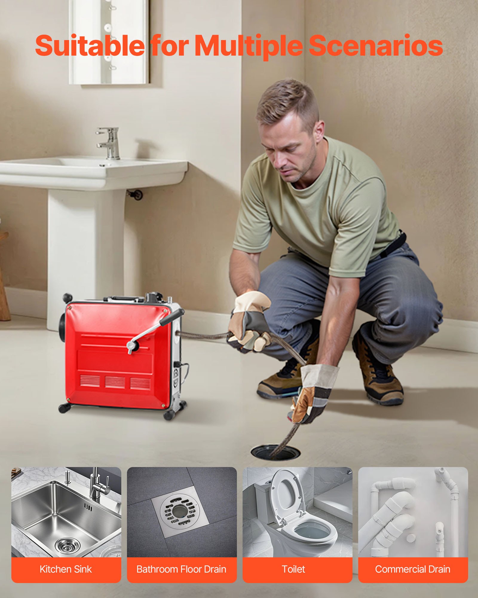 VEVOR Macchina Sturatubi Elettrica per Scarico di Tubi, 850 W, 1400 giri/min, con Cavo a Molla in Acciaio, Pulitrice per Tubi di Scarico con 11 Taglierine per Pulizia Fognature Docce Bagni Cucine