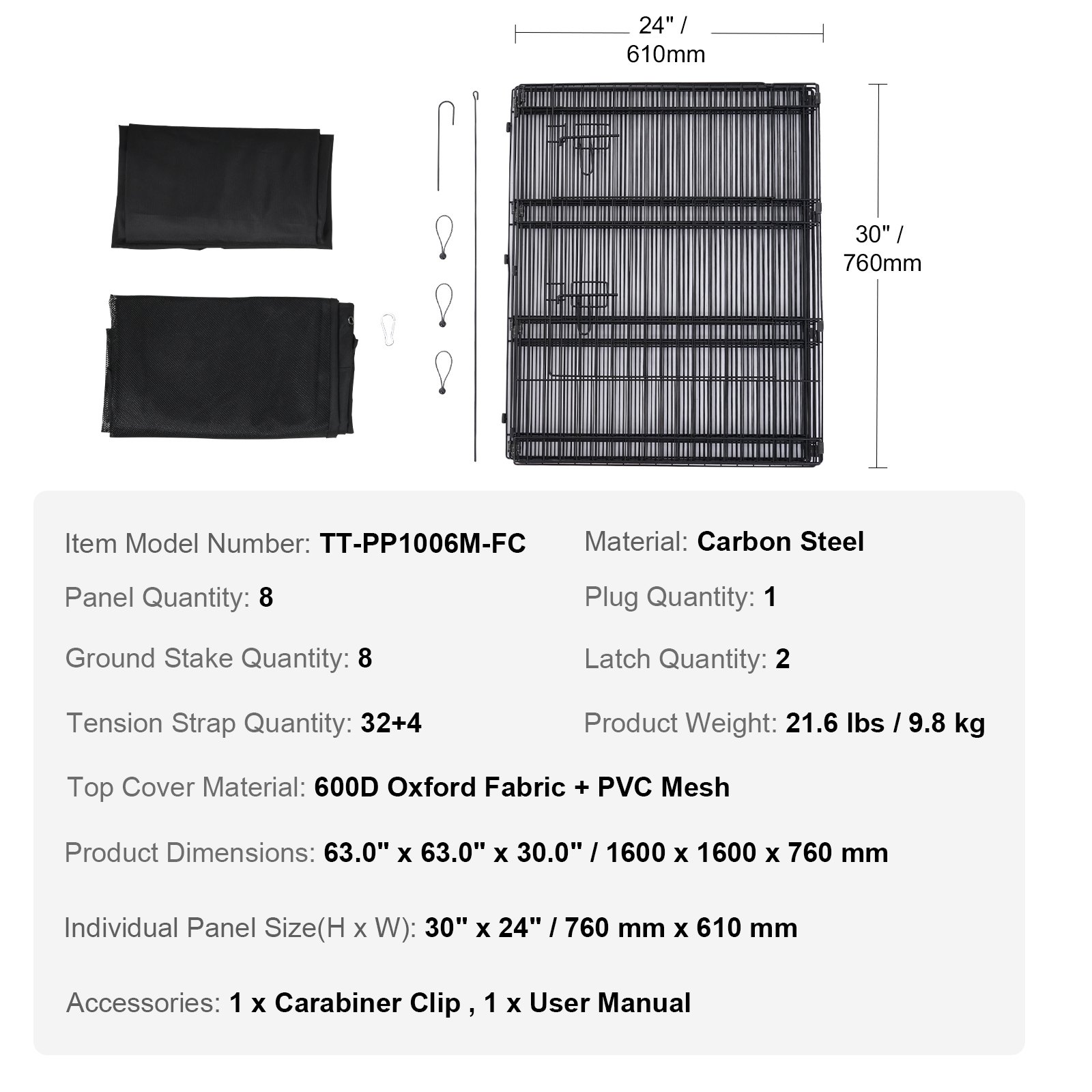 VEVOR Recinto per Cani, Confezione 8 Pannelli 760 mm x 610 mm Box per Cani Pieghevole in Metallo, Recinto per Cani per Interni Esterni con Porta, Imbottitura Fondo, Copertura Superiore, per Cani Gatti