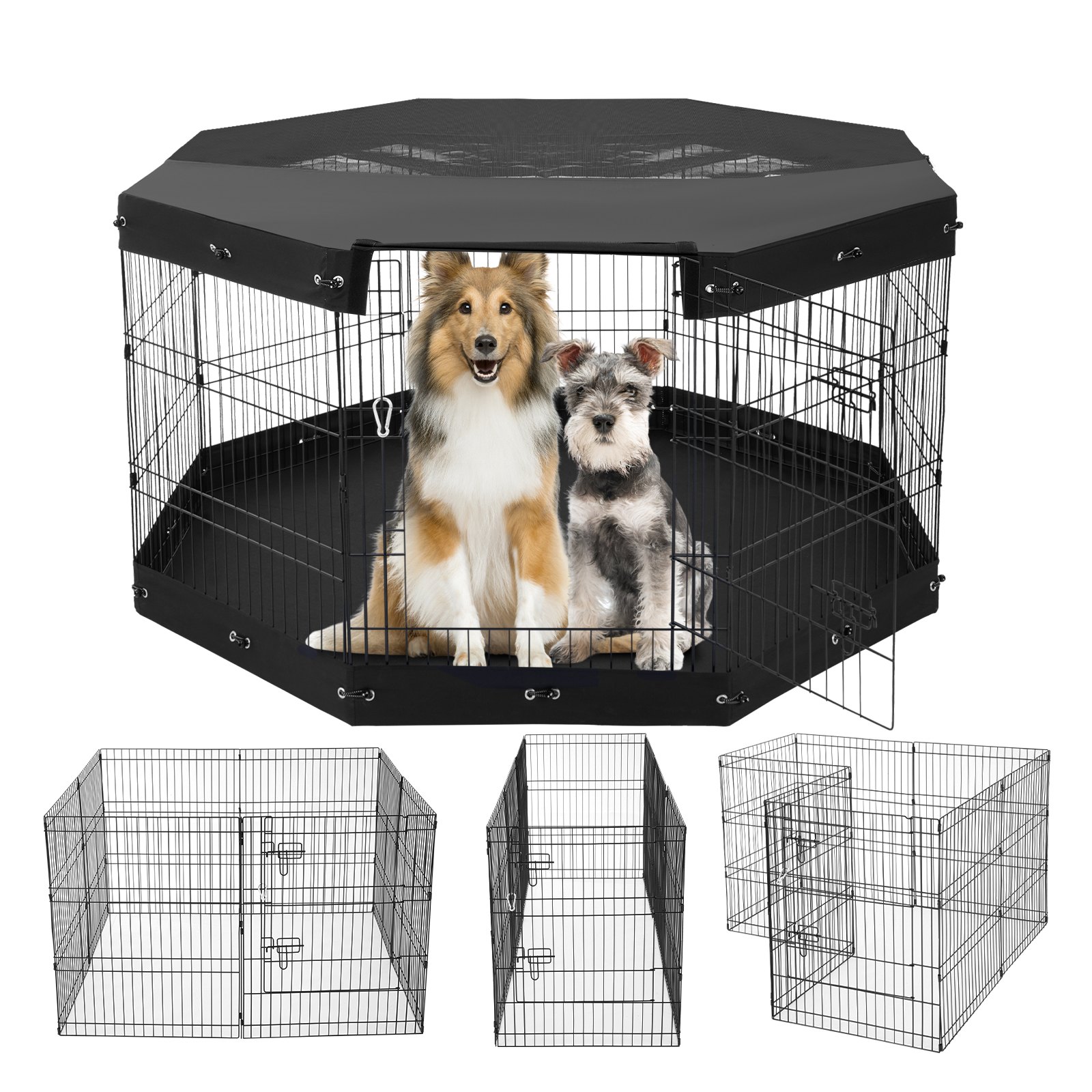 VEVOR Recinto per Cani, Confezione 8 Pannelli 760 mm x 610 mm Box per Cani Pieghevole in Metallo, Recinto per Cani per Interni Esterni con Porta, Imbottitura Fondo, Copertura Superiore, per Cani Gatti