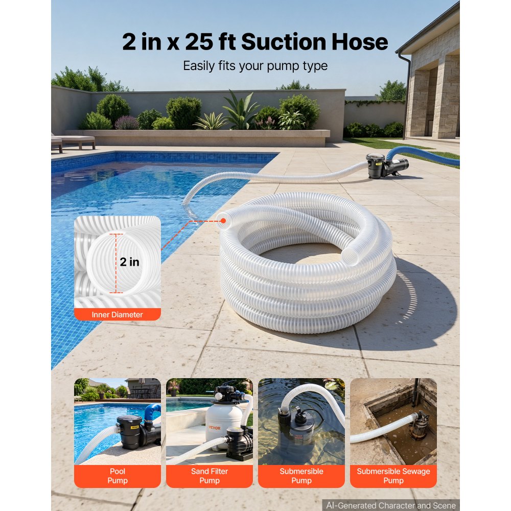 VEVOR Tubo Aspirazione PVC per Pompa Acqua Sommersa Lunghezza 7,6m Bianco Diametro Interno 50,8mm, Pressione 0,8 bar, Temperatura da -23,3 a 51,7 °C, per Irrigazione Agricola, con Filtro a Sabbia
