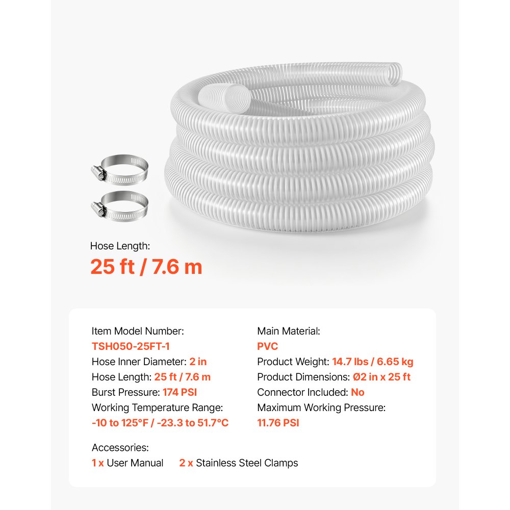 VEVOR Tubo Aspirazione PVC per Pompa Acqua Sommersa Lunghezza 7,6m Bianco Diametro Interno 50,8mm, Pressione 0,8 bar, Temperatura da -23,3 a 51,7 °C, per Irrigazione Agricola, con Filtro a Sabbia
