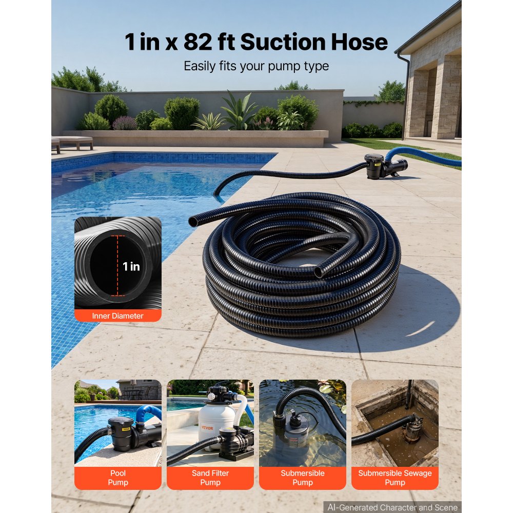 VEVOR Tubo di Aspirazione PVC per Pompa Acqua Sommersa Lunghezza 25 m Nero Diametro Interno 25 mm, Pressione 5 bar, Temperatura -5 a 60 °C, per Irrigazione Agricola, con Filtro a Sabbia, per Piscina