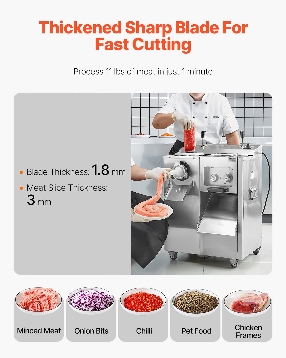 VEVOR commercial electric meat grinder (6.35 kg/min), slicer sausage stuffer 1100 W with blade & grinding plate (3 mm), stainless steel meat grinder housing for slicing, mincing and dicing