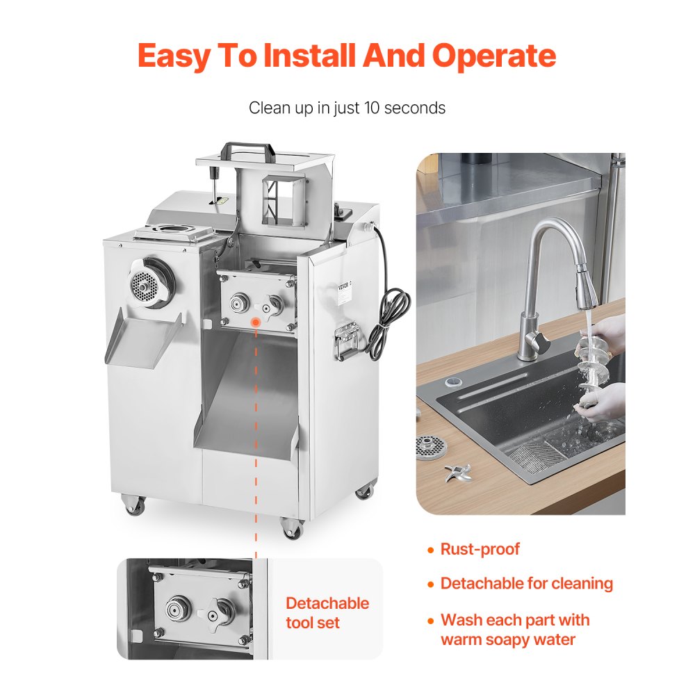 VEVOR commercial electric meat grinder (6.35 kg/min), sausage stuffer with blade & grinding plate (5 mm), sausage maker, stainless steel meat grinder housing for slicing, mincing and dicing