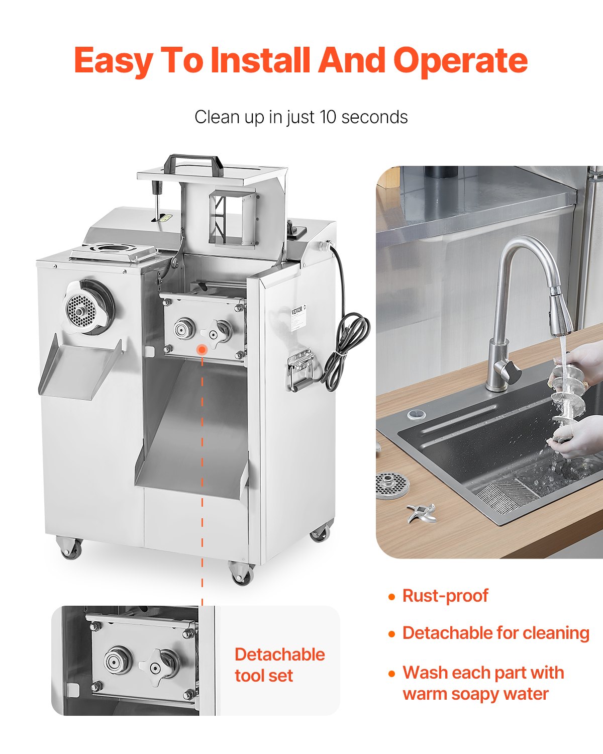 VEVOR commercial electric meat grinder (6.35 kg/min), sausage stuffer with blade & grinding plate (5 mm), sausage maker, stainless steel meat grinder housing for slicing, mincing and dicing