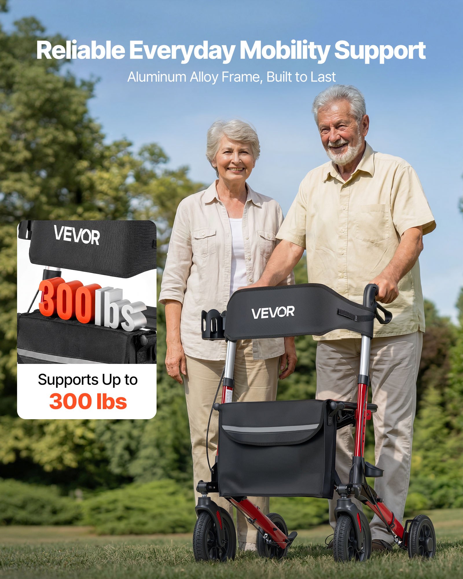 VEVOR Deambulatore con Sedile Carico Max 136 kg per Sostegno Camminata, Deambulatore Pieghevole in 3, Ausilio Struttura in Alluminio con Ruote Maniglia Regolabile e Porta Bastone, per Anziani Disabili