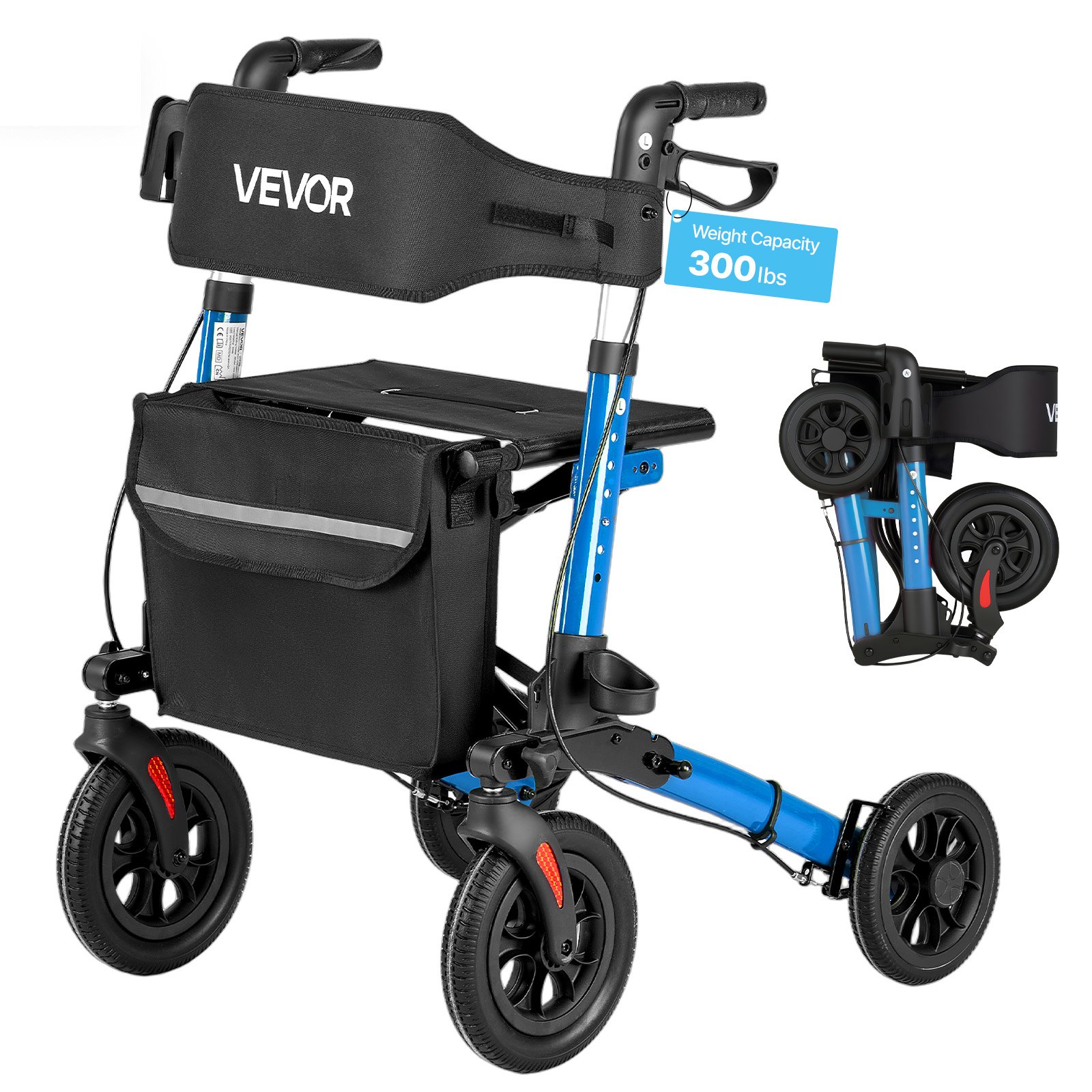 VEVOR Deambulatore con Sedile Portata 136 kg per Anziani, Deambulatore Compatto Pieghevole in 3, Ausilio Mobilità in Alluminio con Ruote in PU Maniglia Regolabile e Porta Bastone, per Sostegno Cammino