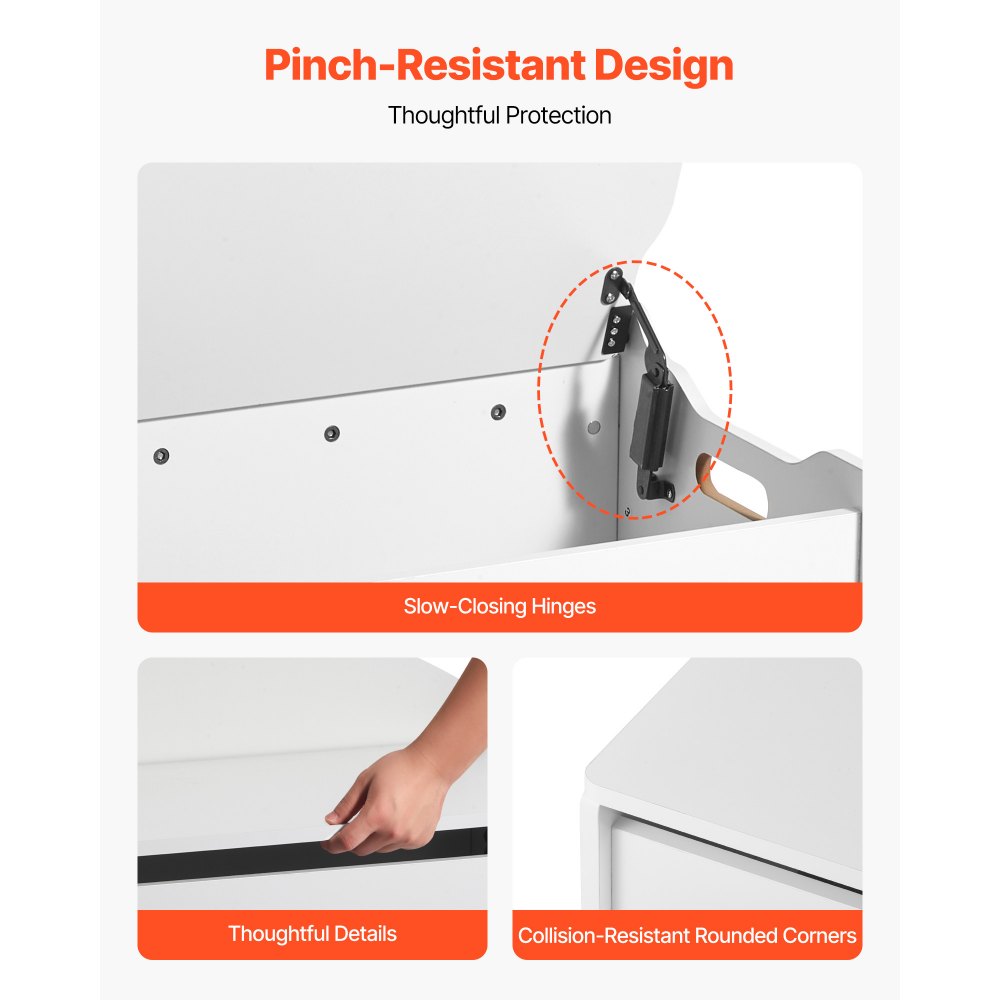 VEVOR Baule Portagiochi con Coperchio per Bambini da 597 x 368 x 545 mm, Contenitore per Giocattoli in Legno, con Schienale e Cerniera di Sicurezza, per Sala Giochi, Soggiorno, Ingresso, Bianco