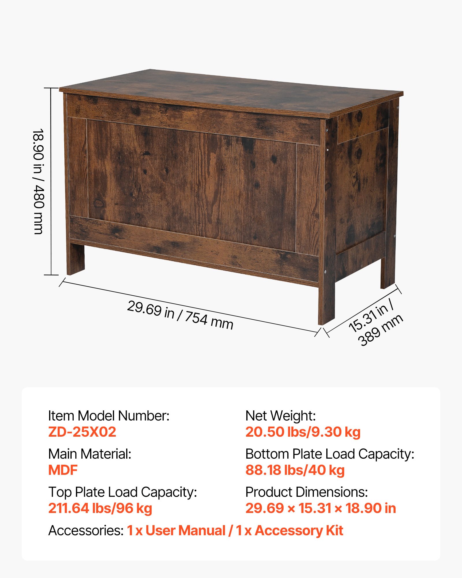 VEVOR Panca Portaoggetti per Bambini da 754 x 389 x 480 mm Contenitore per Giocattoli in Legno, con Cerniera di Sicurezza, Baule Portaoggetti per Sala Giochi, Soggiorno, Ingresso, Marrone