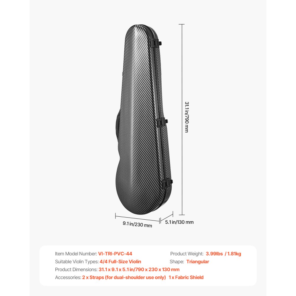 VEVOR Custodia per Violino, Dimensione Completa 4/4, Custodia da Viaggio per Violino 4/4, Igrometro Incorporato, con Fodera in Peluche, Doppie Tracolle, Antigraffio, Forma Triangolare, Nero