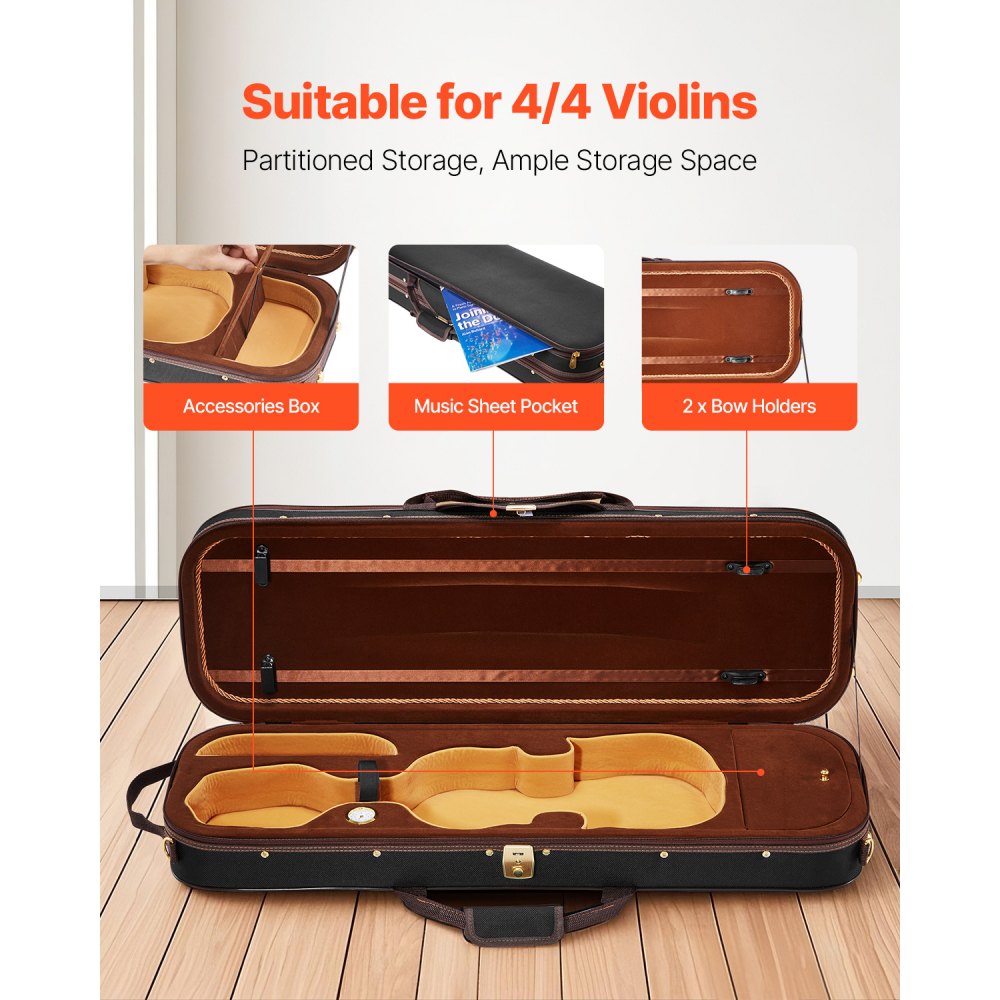 VEVOR Custodia per Violino, Dimensione Completa 4/4, Custodia da Viaggio per Violino 4/4, Igrometro Incorporato, Borsa da Viaggio Portatile Leggera, con Fodera in Peluche, Tracolle, Forma Oblunga