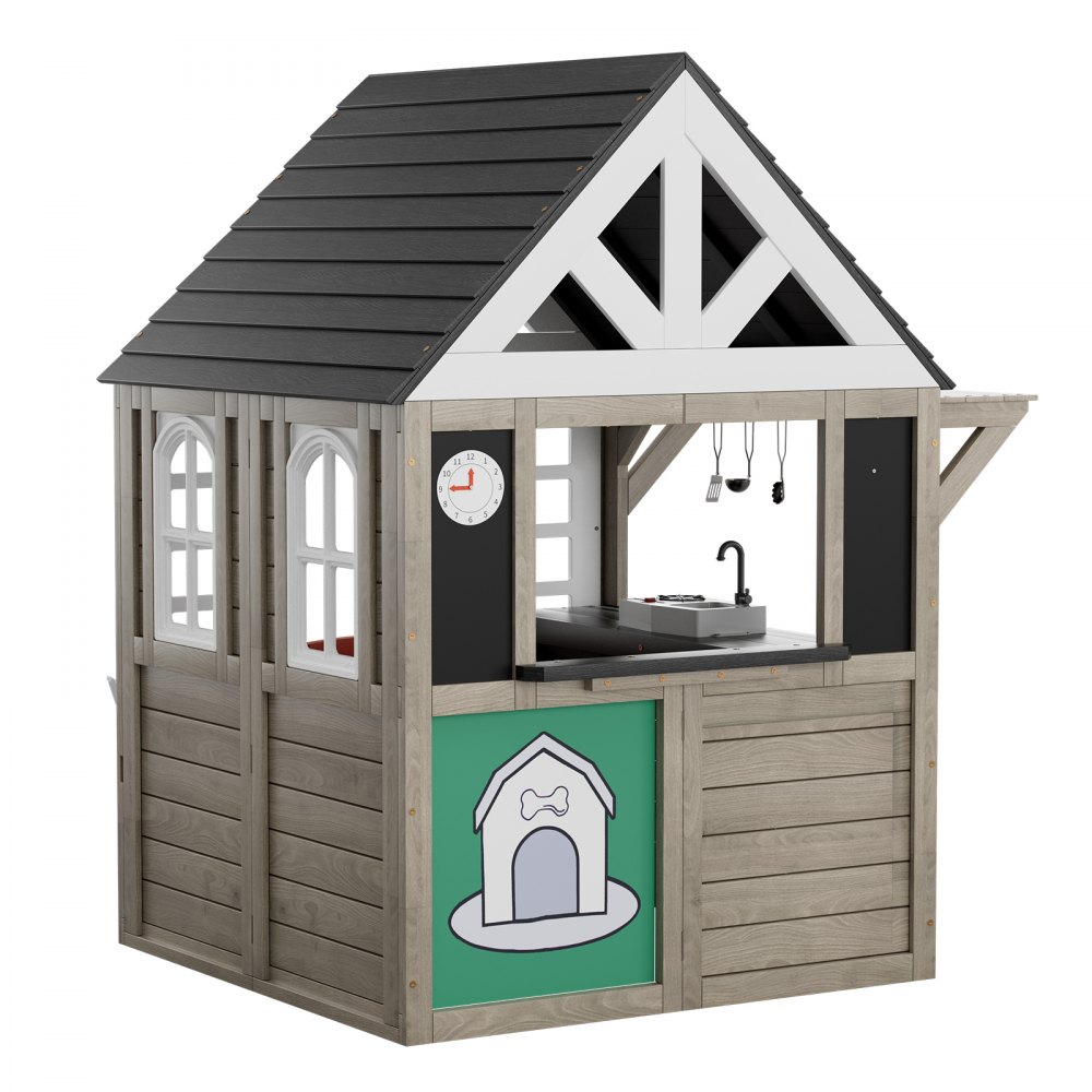 VEVOR Casetta da Gioco per Bambini da Esterno in Legno, Casetta da Giardino per Bambini, Casetta Gioco da Cortile con Porta, Finestra, Supporto per Vaso di Fiori, Griglia, Fornello e Lavello