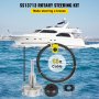 Componenti del kit di sterzo rotativo ss13713 con kit di sterzo per barca VEVOR, yacht sullo sfondo.