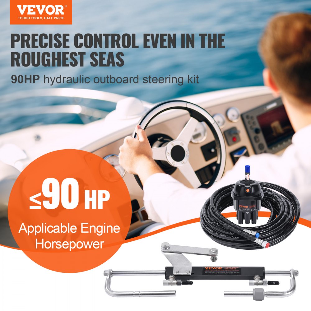 VEVOR Hydraulic Outboard Steering Kit, 90 HP, hydraulic steering system for marine boats, with steering pump, two-way locking cylinder and 24 foot hydraulic steering hose, for single-station single-engine boats