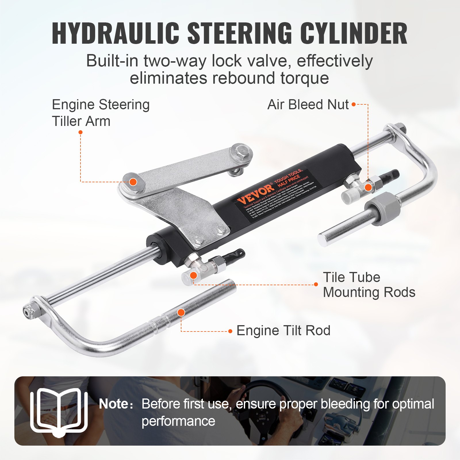 VEVOR Hydraulic Outboard Steering Kit, 90 HP, hydraulic steering system for marine boats, with steering pump, two-way locking cylinder and 24 foot hydraulic steering hose, for single-station single-engine boats