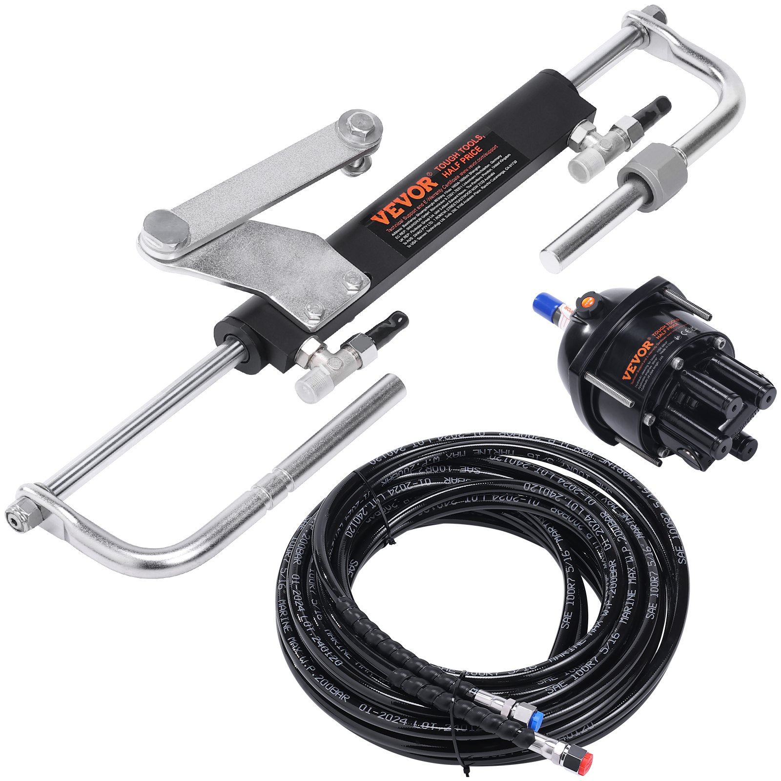 VEVOR Hydraulic Outboard Steering Kit, 90 HP, hydraulic steering system for marine boats, with steering pump, two-way locking cylinder and 24 foot hydraulic steering hose, for single-station single-engine boats