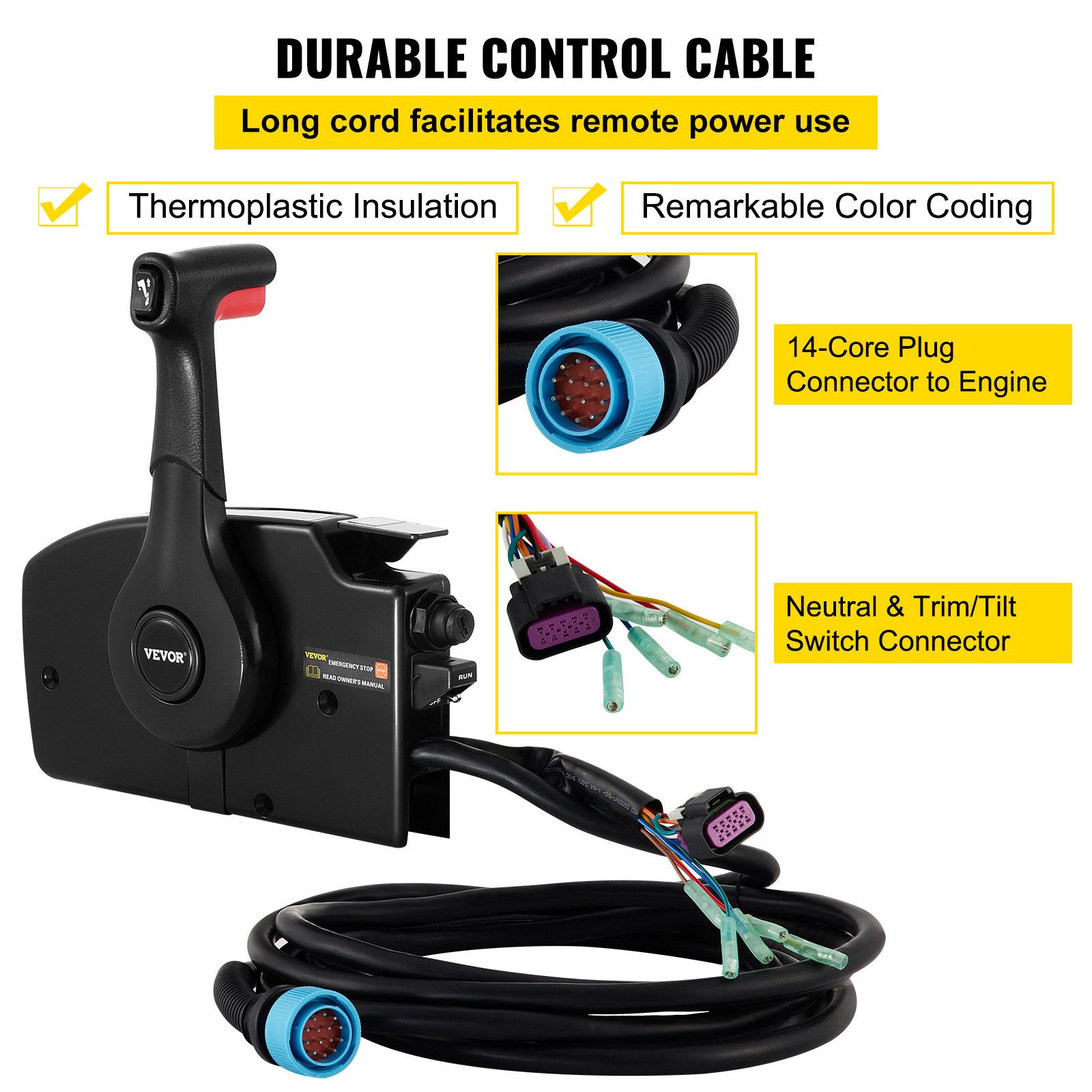 VEVOR 15 Piedi 4,8 kg Comando Acceleratore per Barca 881170A13 Scatola Telecomando Scatola Telecomando Fuoribordo con Cablaggio con Connettore Deutshe a 14 Pin per Benzina Motore Fuoribordo Mercury