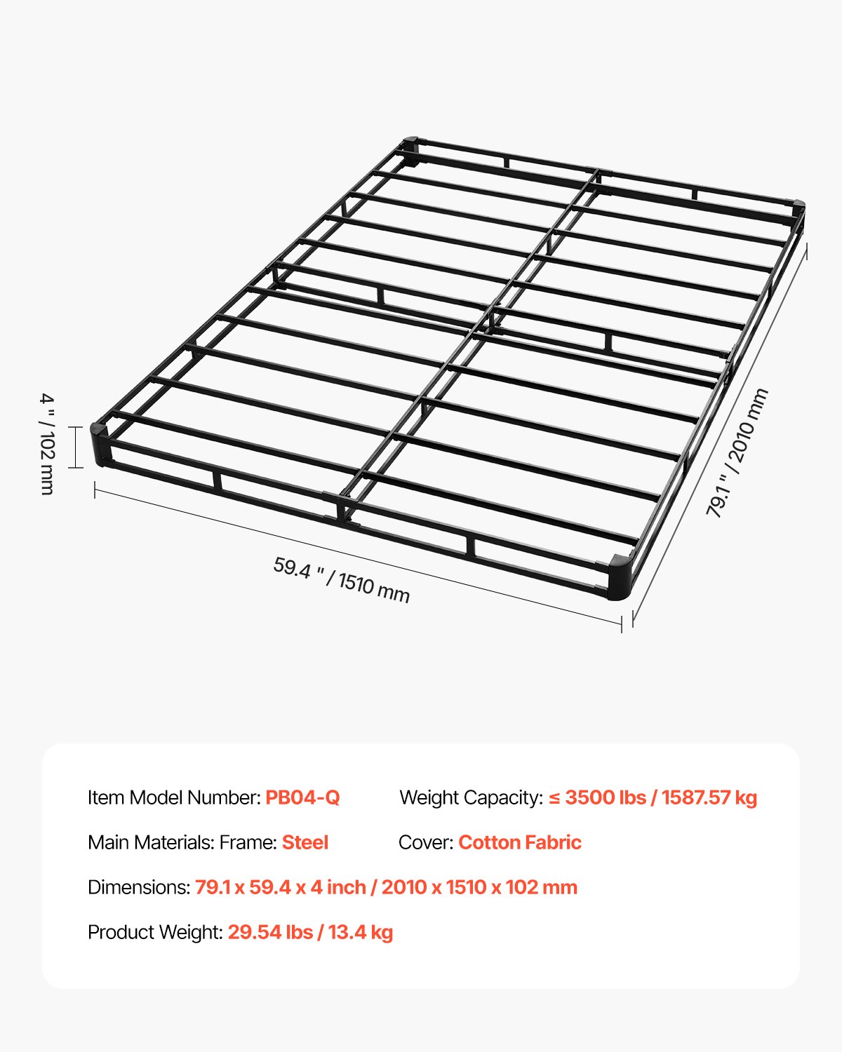 VEVOR Struttura in Metallo per Letto Matrimoniale, con Scatola Primavera e Rivestimento in Tessuto Lavabile per Letti Matrimoniali, Base Materasso 102 mm, Capacità 1587 kg 2010 x 1510 x 102mm