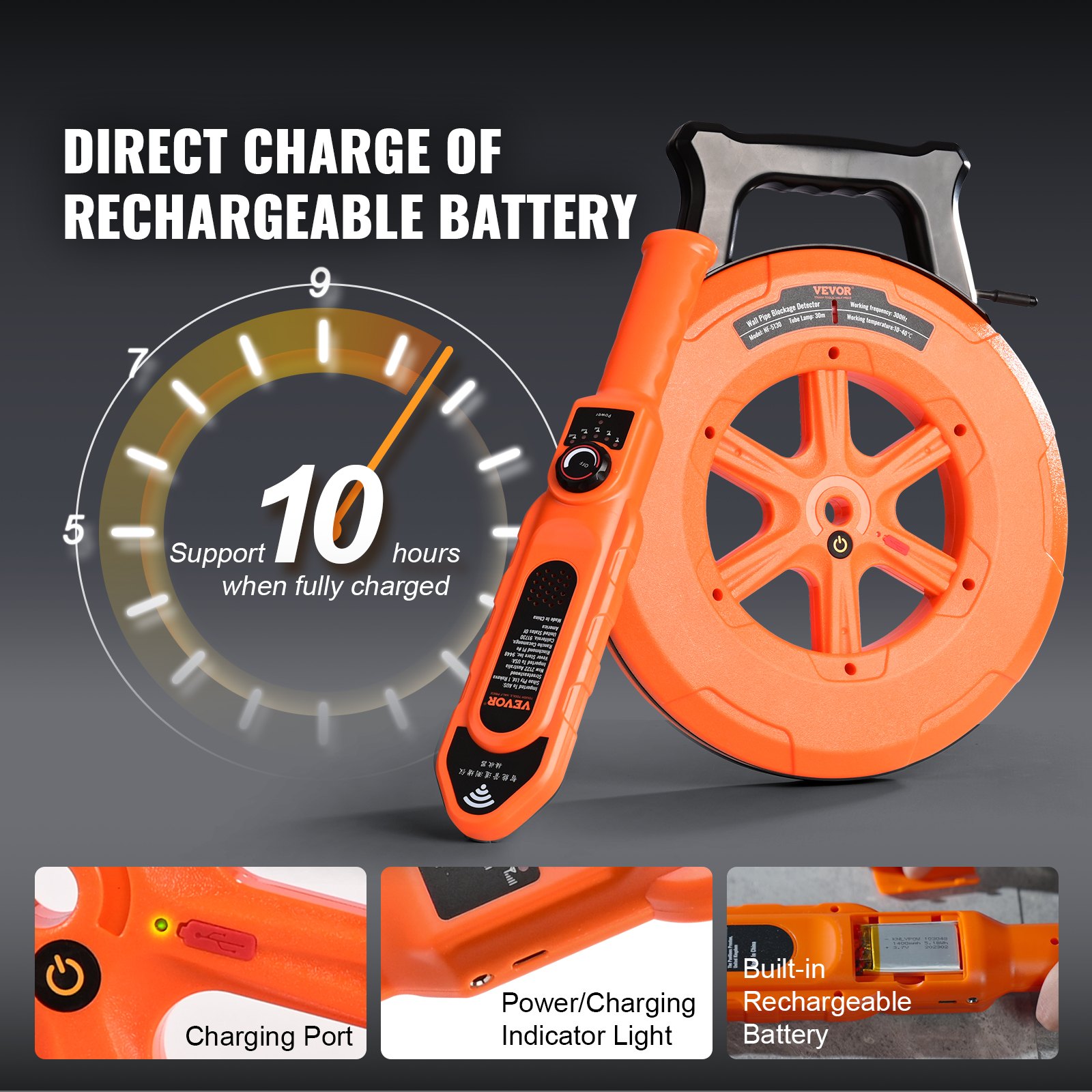 VEVOR Pipe Blockage Detector, Pipe Blockage Detector, Pipe Cleaner, ABS Housing, Pipe Inspection and Cleaning Device, 30m Cable, Detection Distance: Non-metallic pipes 0-40cm, Metal pipes 0-15cm