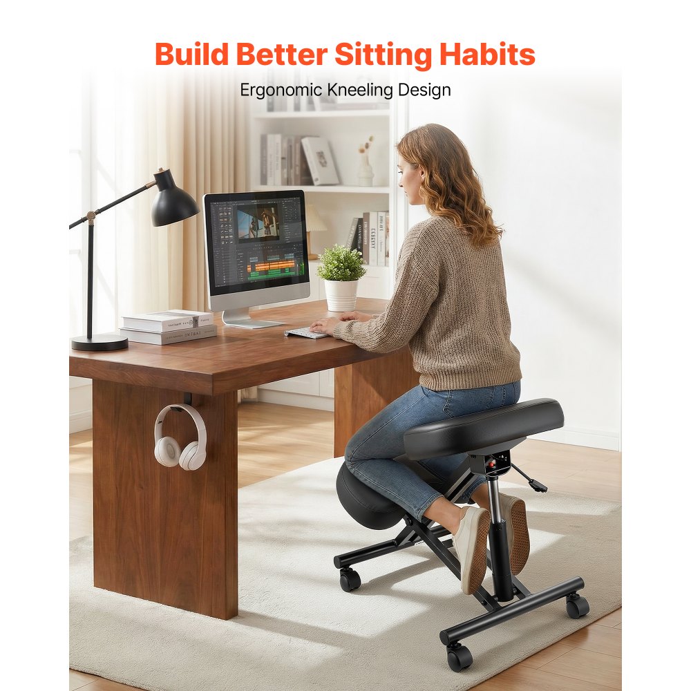 VEVOR Ergonomic Kneeling Chair with Wheels, Mobile X-Shaped Posture Knee Chair with Adjustable Height & Thick Foam Cushions, Natural Relief for Neck or Back Pain for Home, Office or Meditation, Black