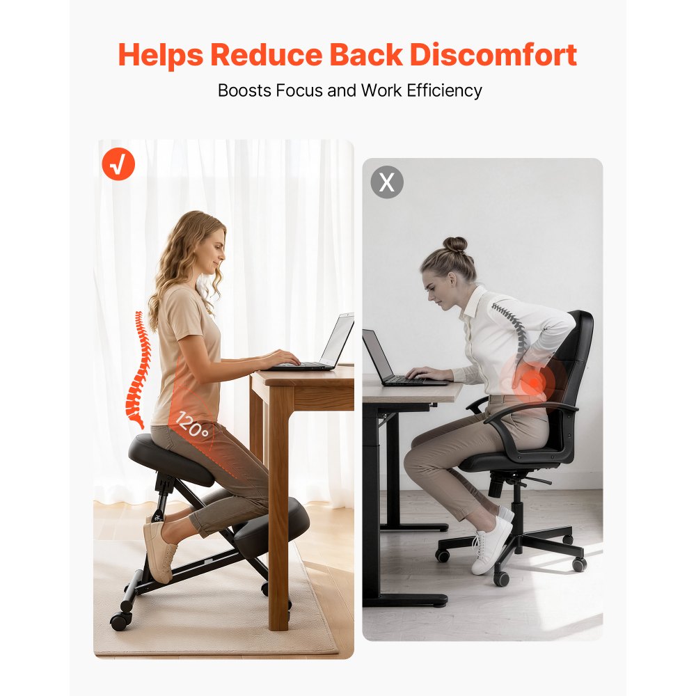 VEVOR Ergonomic Kneeling Chair with Wheels, Mobile X-Shaped Posture Knee Chair with Adjustable Height & Thick Foam Cushions, Natural Relief for Neck or Back Pain for Home, Office or Meditation, Black