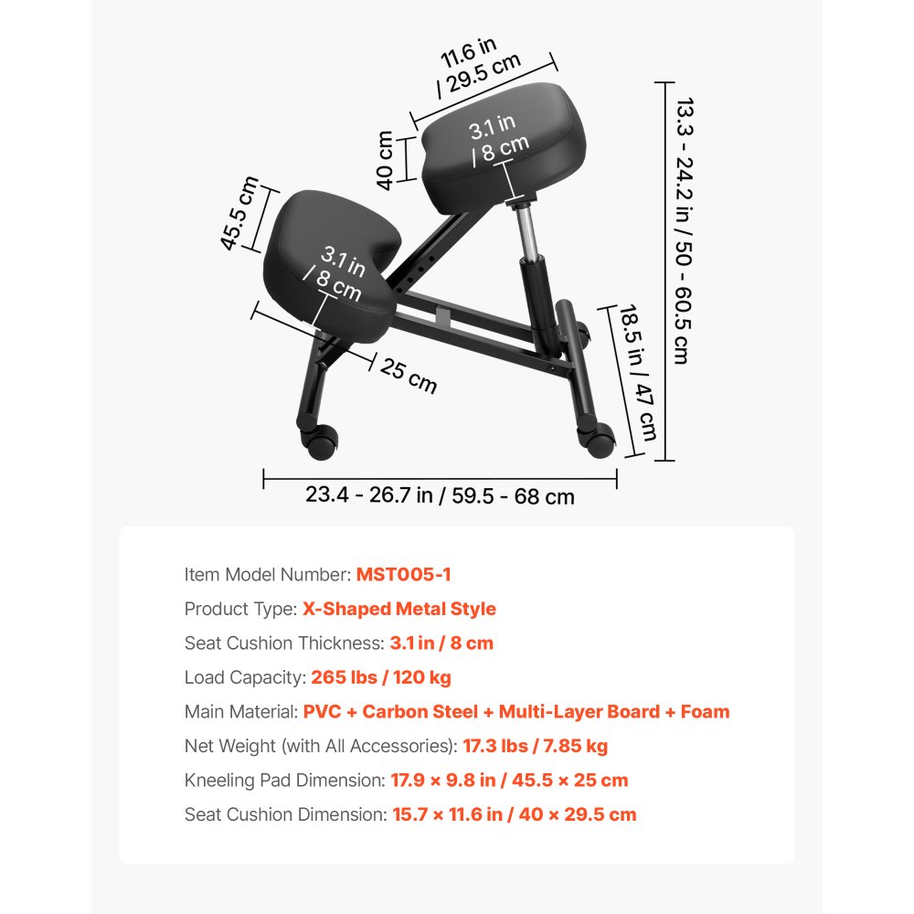 VEVOR Ergonomic Kneeling Chair with Wheels, Mobile X-Shaped Posture Knee Chair with Adjustable Height & Thick Foam Cushions, Natural Relief for Neck or Back Pain for Home, Office or Meditation, Black
