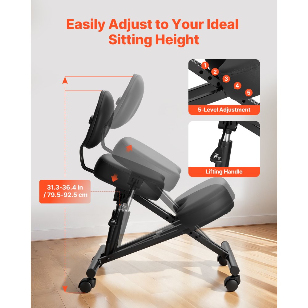 VEVOR Sedia Ergonomica a Ginocchio con Schienale Sedia a Rotelle Altezza Regolabile, Sedia Inginocchiata per Scrivania Postura Comoda da Ufficio, Sgabello Ergonomico per Casa, Carico max 120 kg