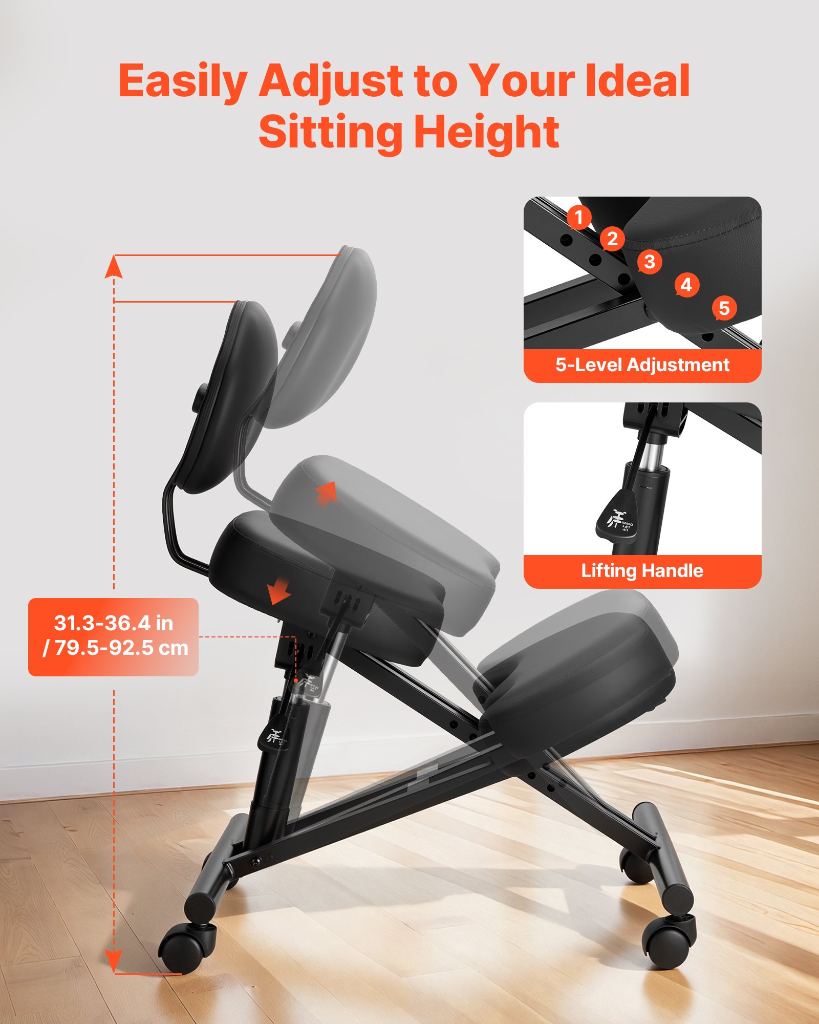 VEVOR Sedia Ergonomica a Ginocchio con Schienale Sedia a Rotelle Altezza Regolabile, Sedia Inginocchiata per Scrivania Postura Comoda da Ufficio, Sgabello Ergonomico per Casa, Carico max 120 kg