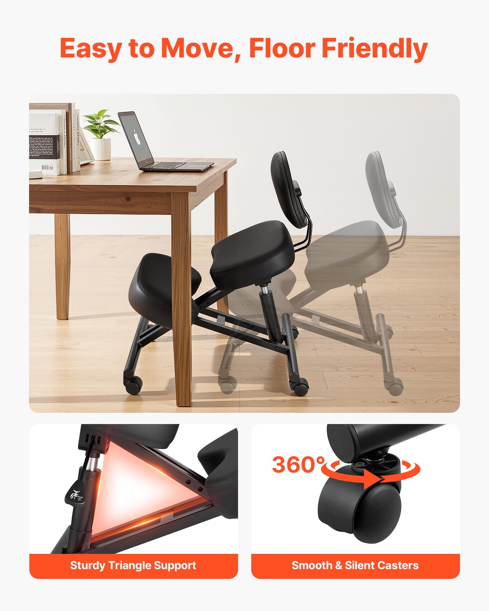 VEVOR Sedia Ergonomica a Ginocchio con Schienale Sedia a Rotelle Altezza Regolabile, Sedia Inginocchiata per Scrivania Postura Comoda da Ufficio, Sgabello Ergonomico per Casa, Carico max 120 kg