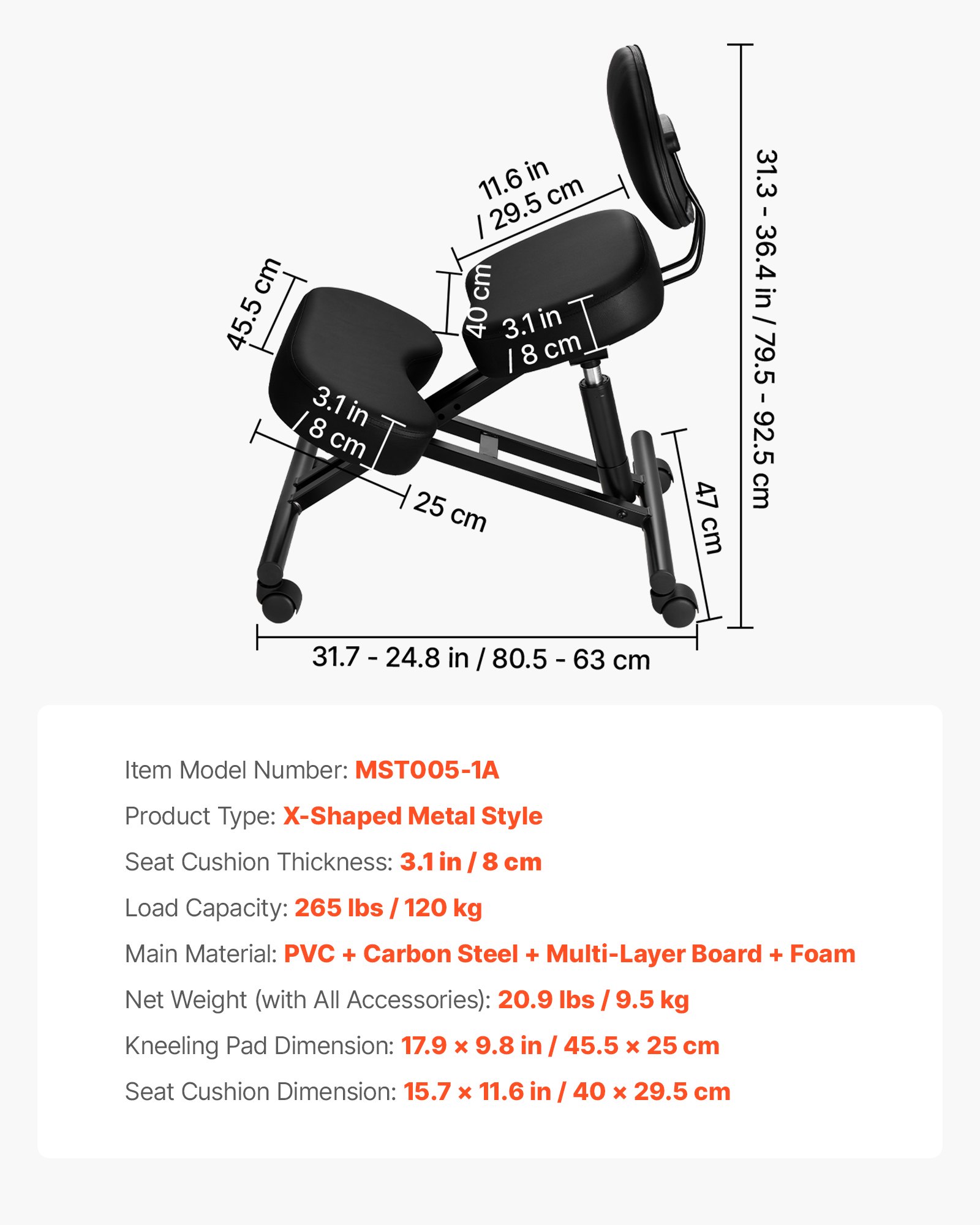VEVOR Sedia Ergonomica a Ginocchio con Schienale Sedia a Rotelle Altezza Regolabile, Sedia Inginocchiata per Scrivania Postura Comoda da Ufficio, Sgabello Ergonomico per Casa, Carico max 120 kg