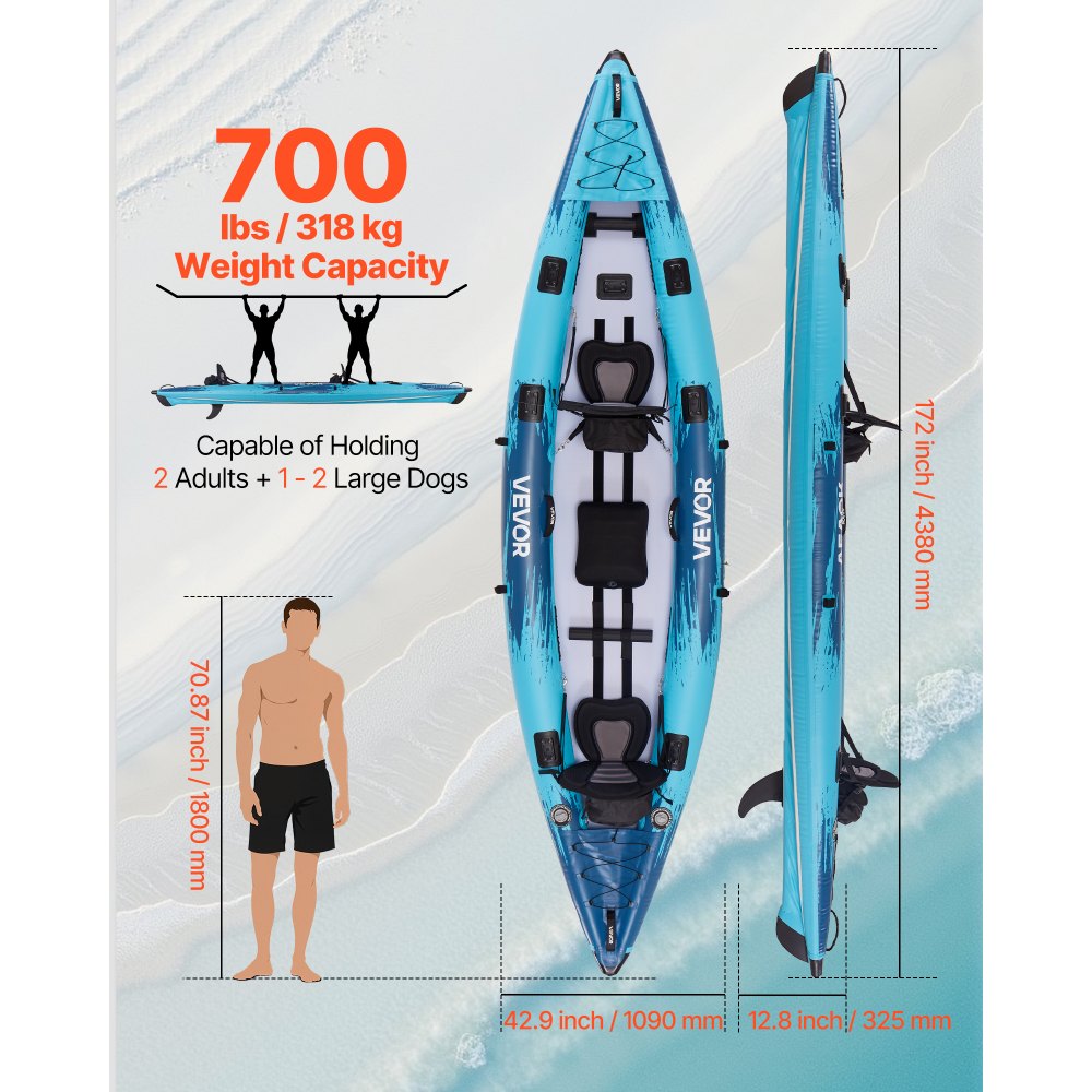 VEVOR Kayak Gonfiabile per 2 Persone, Capacità 317,5 kg, Resistente a Perdite e Forature, con Seduta Imbottita, Pavimento in PVC, 2 Pagaie, Pompa a Mano, Borsa Trasporto, per Pesca e Campeggio