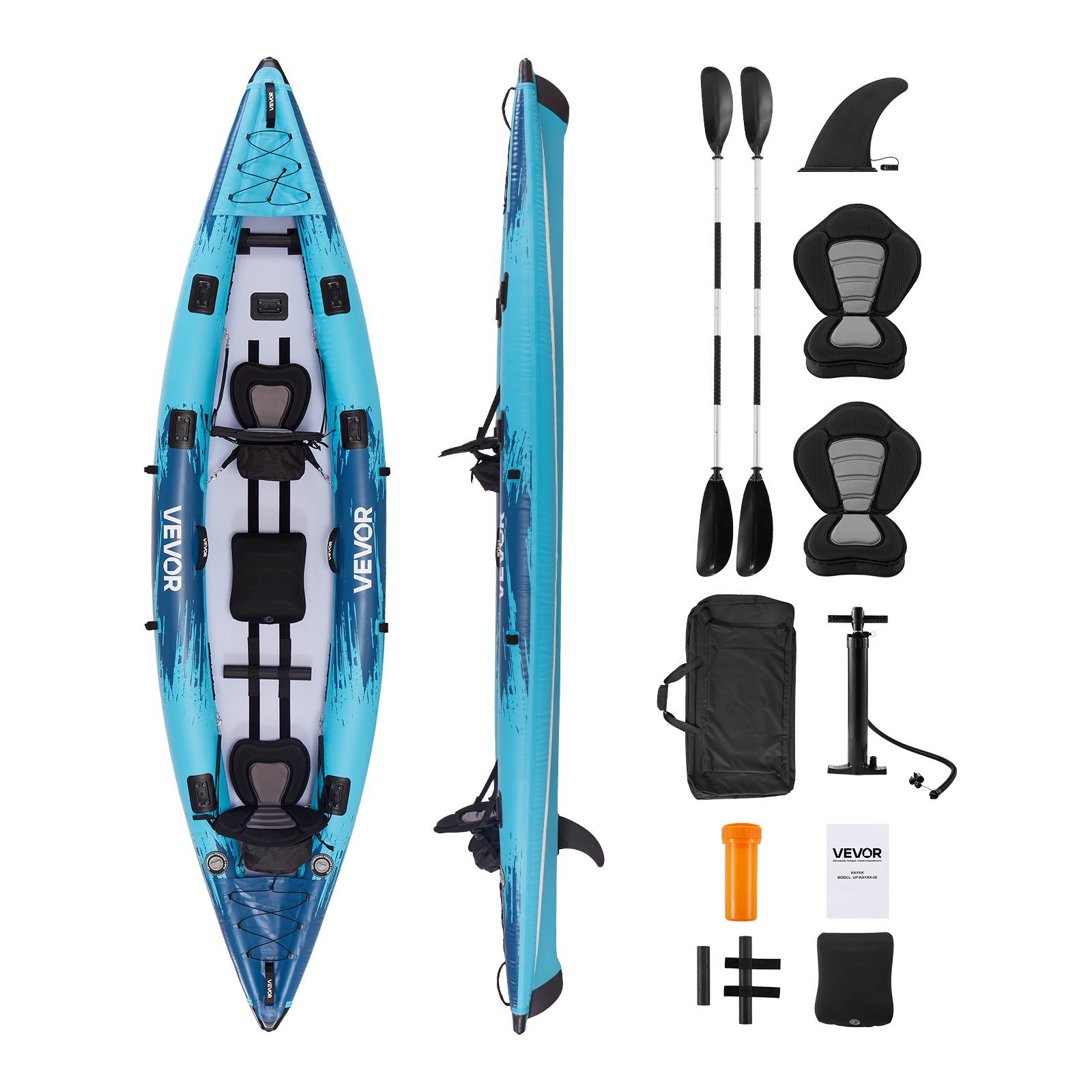 VEVOR Kayak Gonfiabile per 2 Persone, Capacità 317,5 kg, Resistente a Perdite e Forature, con Seduta Imbottita, Pavimento in PVC, 2 Pagaie, Pompa a Mano, Borsa Trasporto, per Pesca e Campeggio