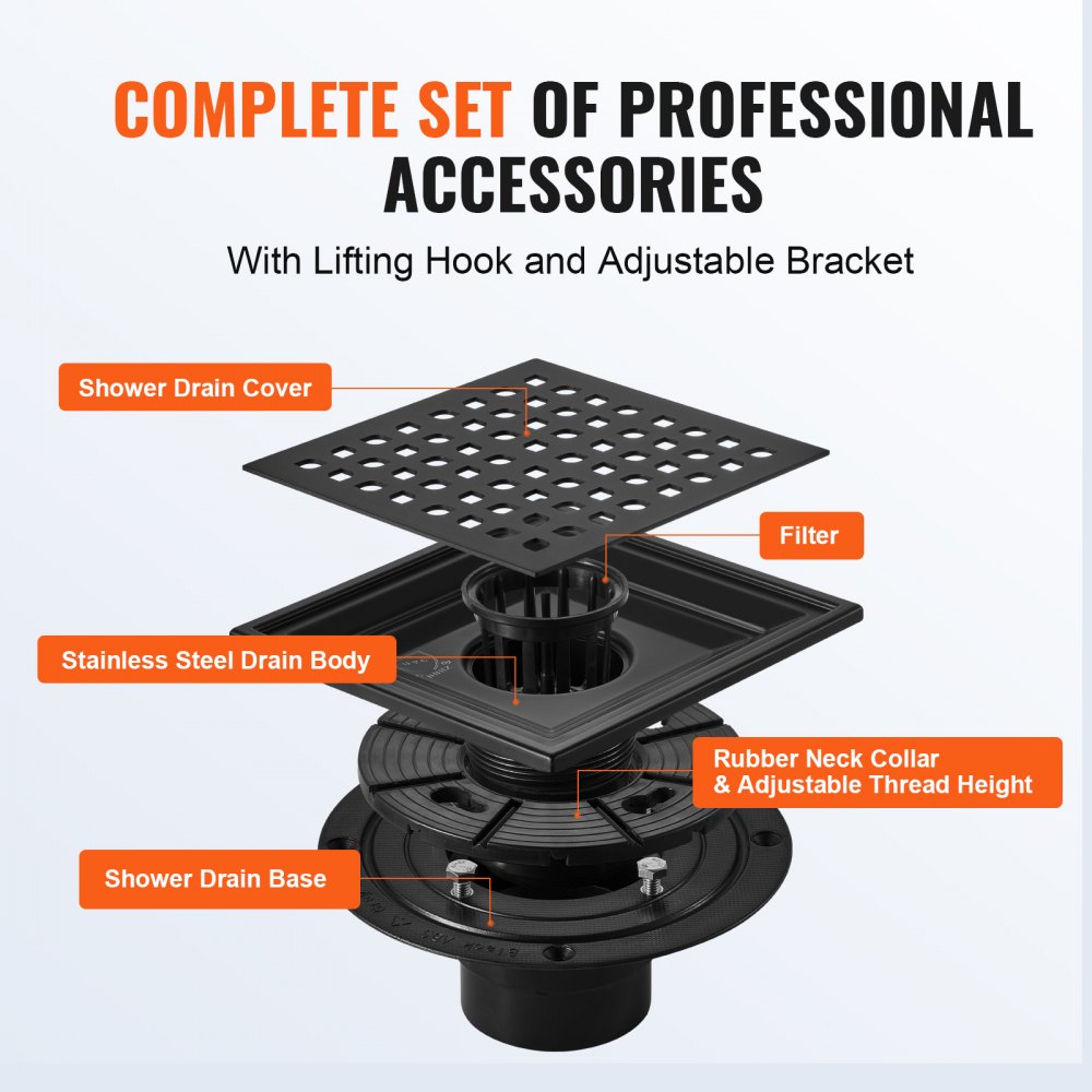 VEVOR Scarico per Doccia Lineare da 16” con Griglia a Motivo Quadrato in Acciaio Inossidabile Nero