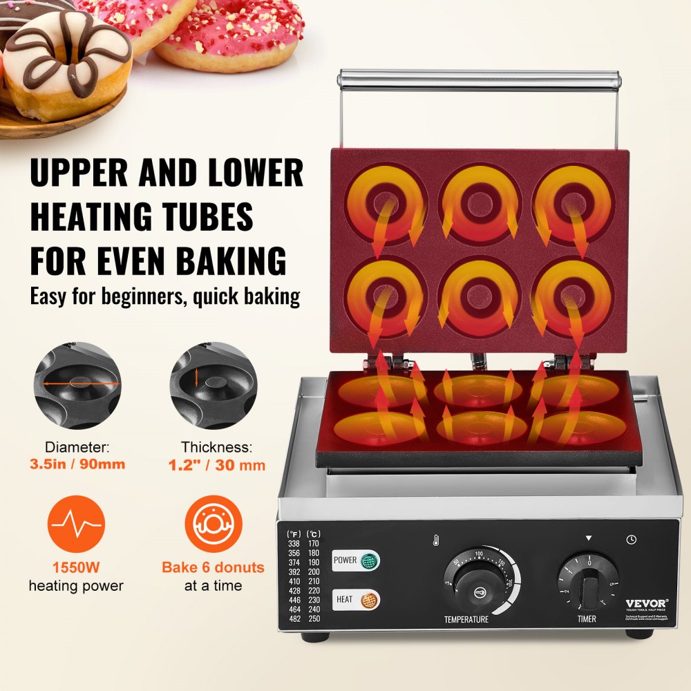 VEVOR Electric Donut Maker, 1550 W Commercial Donut Machine with Non-Stick Coating, 6 Holes, Double-Sided Heating Waffle Machine for 6 Donuts, 50-300 °C, for Restaurants and Home Use