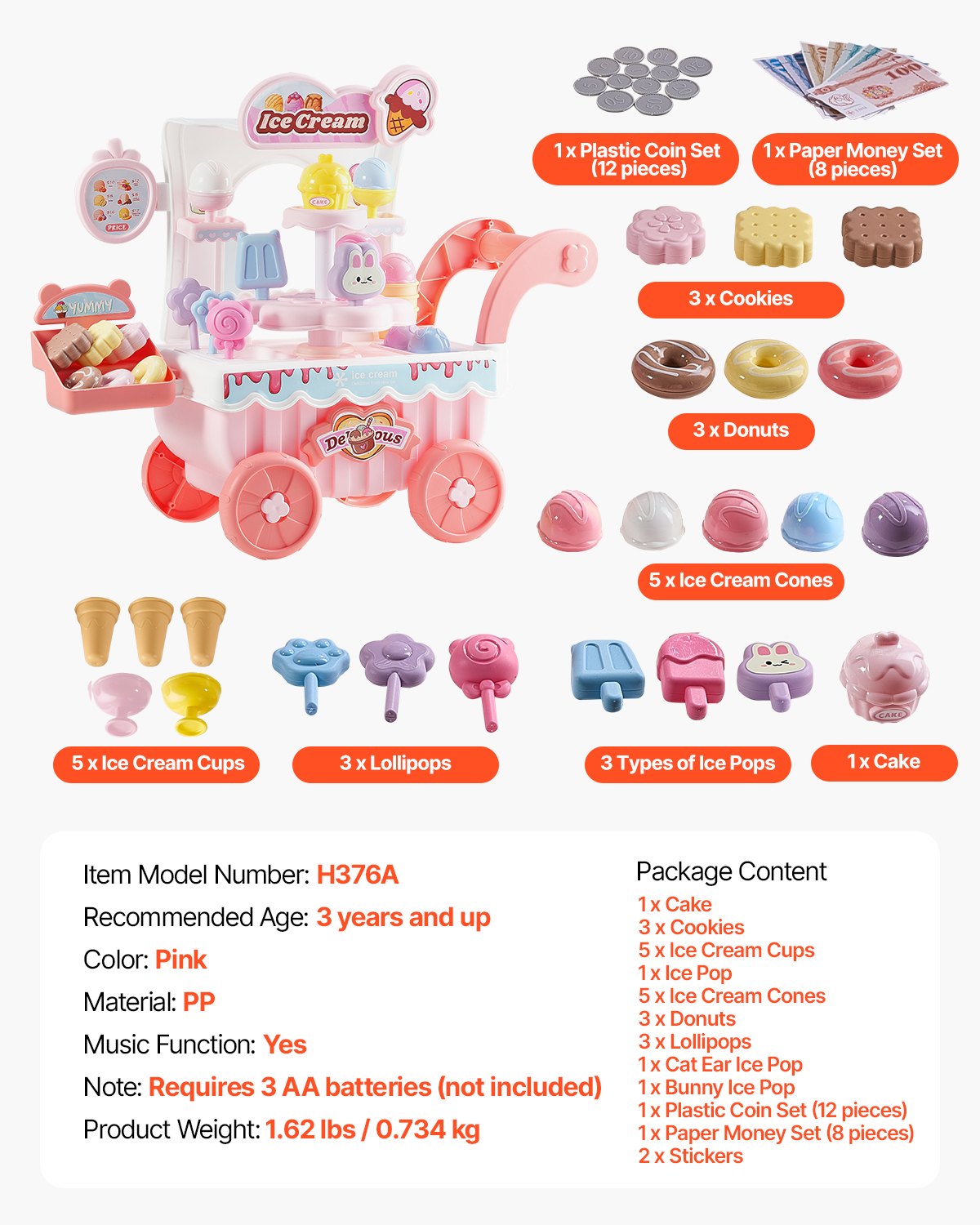 VEVOR Ice Cream Truck, 27-Piece Accessory Set, Ice Cream Parlor Made of PP, Storage Cart with Play Money, Sound and Light Effects, Montessori Learning Toy, Role Play for Toddlers Ages 3 and Up (Pink)