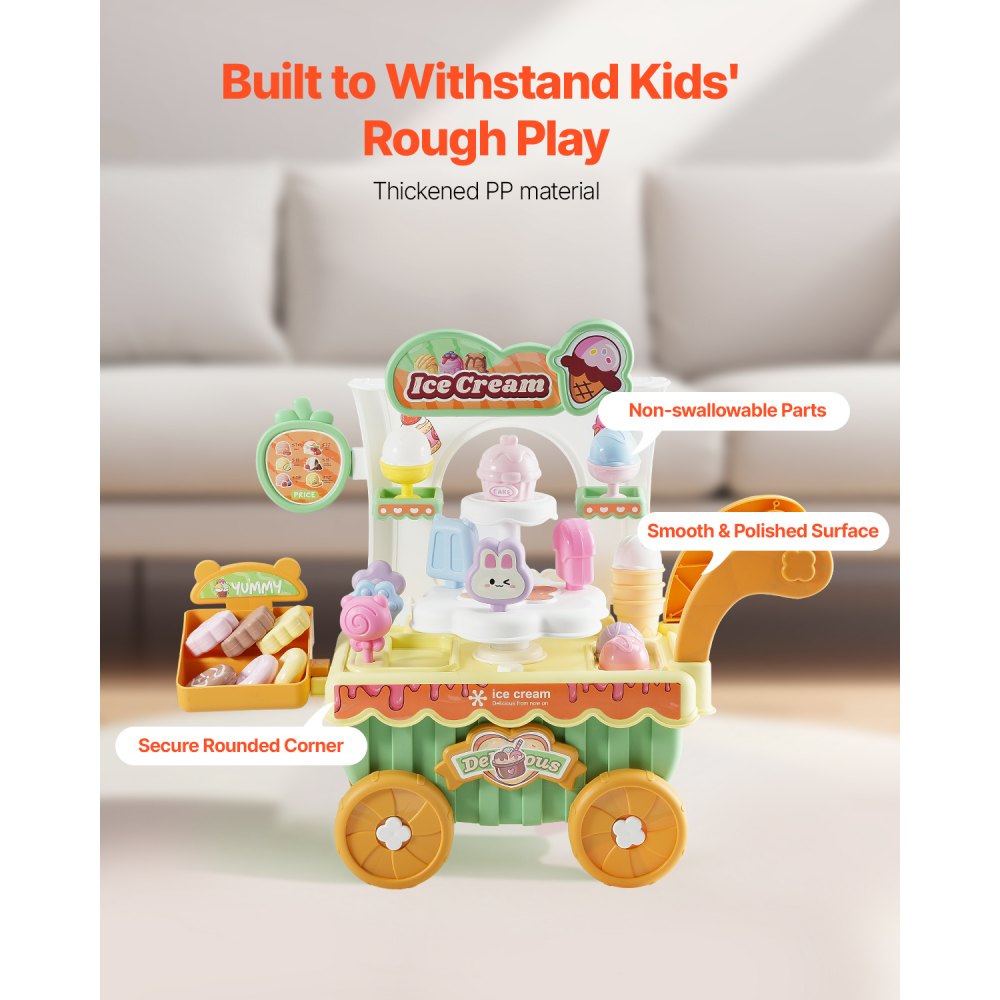 VEVOR Ice Cream Truck, 27-piece accessory set, PP ice cream parlor, ice cream shop with storage cart, play money, sound and light effects, Montessori learning toy, role-playing game for toddlers aged 3 and up