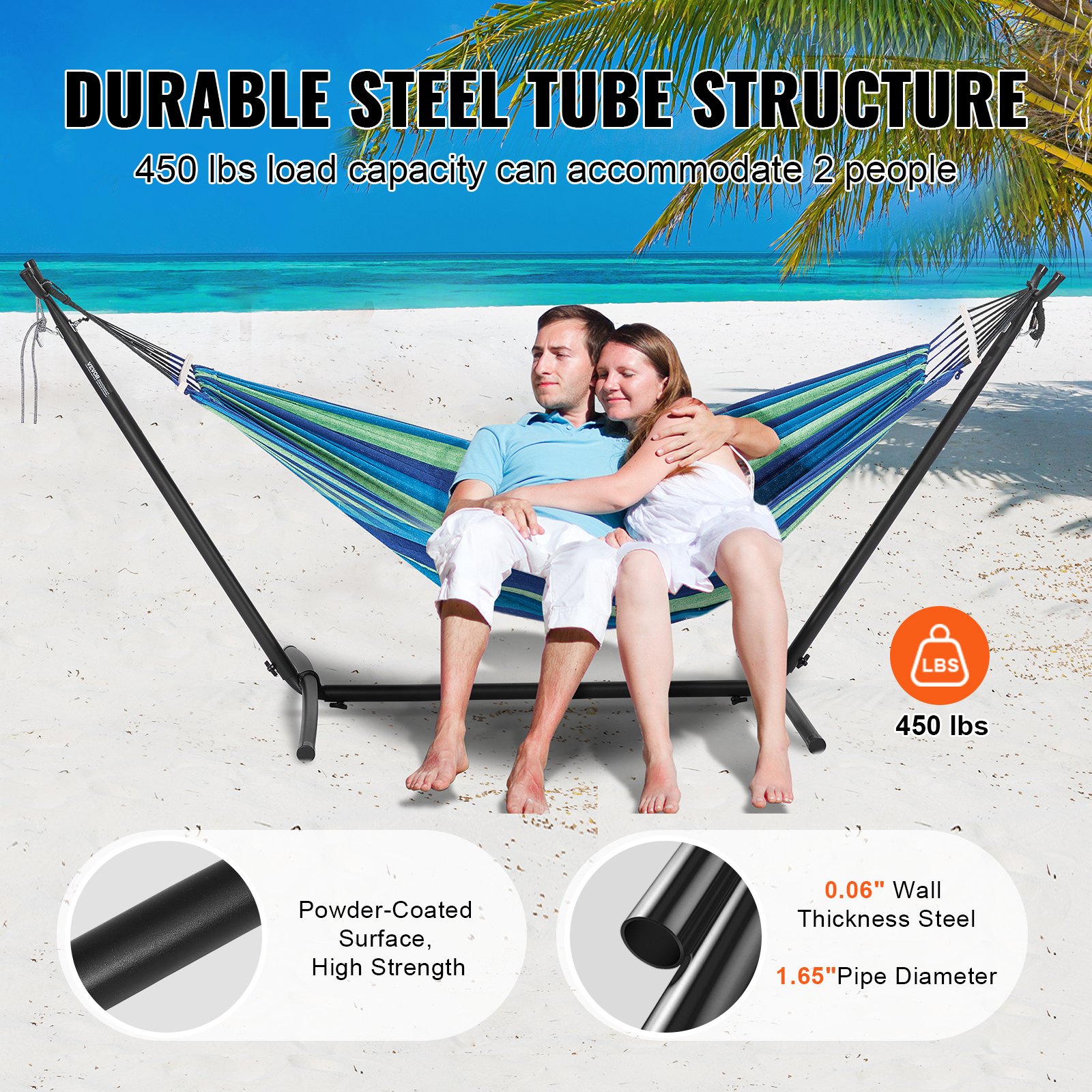 Portable hammock stand from VEVOR, 204 kg load capacity, steel hammock stand for 2 people, durable, adjustable hook hammock frame for hammocks from 2.8 to 3.8 m, space-saving with carrying bag for outdoor or indoor use