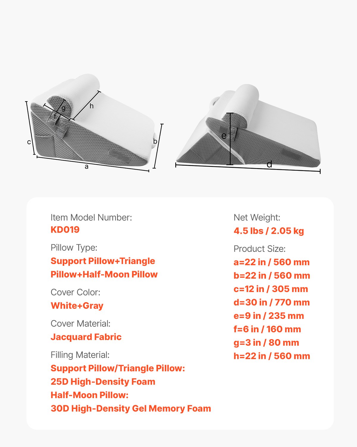 VEVOR Cuscino a Cuneo per Dormire, Set 3, Cuscini Ortopedici Regolabili, con Fodera Lavabile in Jacquard e Supporto in Schiuma, per Reflusso Acido, Mal di Schiena, Sollievo dal Russare, Bianco Grigio