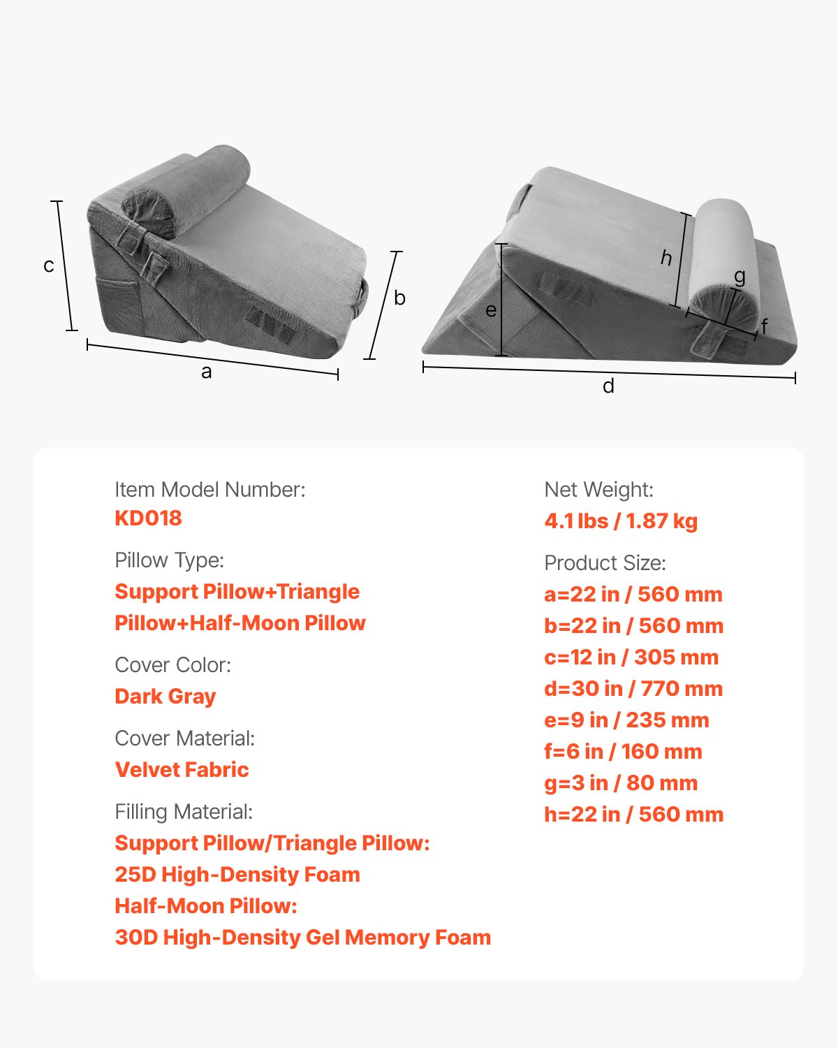 VEVOR Bed Wedge Pillow, 3-Piece Orthopedic Bed Wedge Set, with Cover & Foam Support, Post-Surgery Pillow for Acid Reflux, Back Pain, Snoring Relief & GERD, Dark Grey