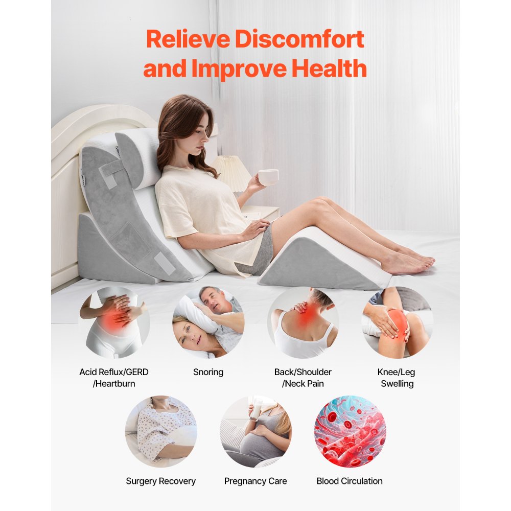 VEVOR Cuscino a Cuneo per Dormire, Set di 4, Cuscini Ortopedici Regolabili per Letto, Supporto per Gambe, Collo e Spalle, per Mal di Schiena, Reflusso Acido, Sollievo dal Russare, Bianco/Grigio