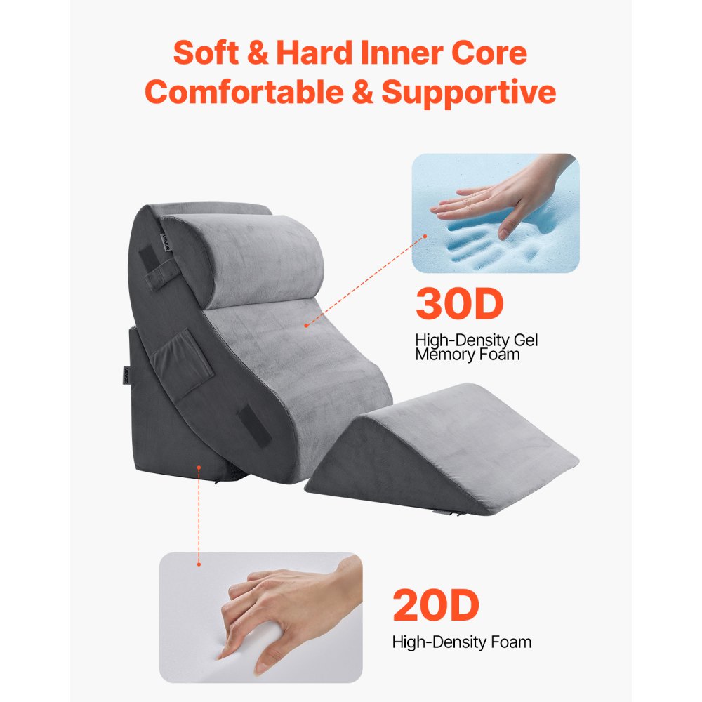 VEVOR Cuscino a Cuneo per Dormire, Set di 4, Cuscini Ortopedici Regolabili per Letto, Supporto per Gambe, Collo e Spalle, per Mal di Schiena, Reflusso Acido, Sollievo dal Russare, Grigio Scuro