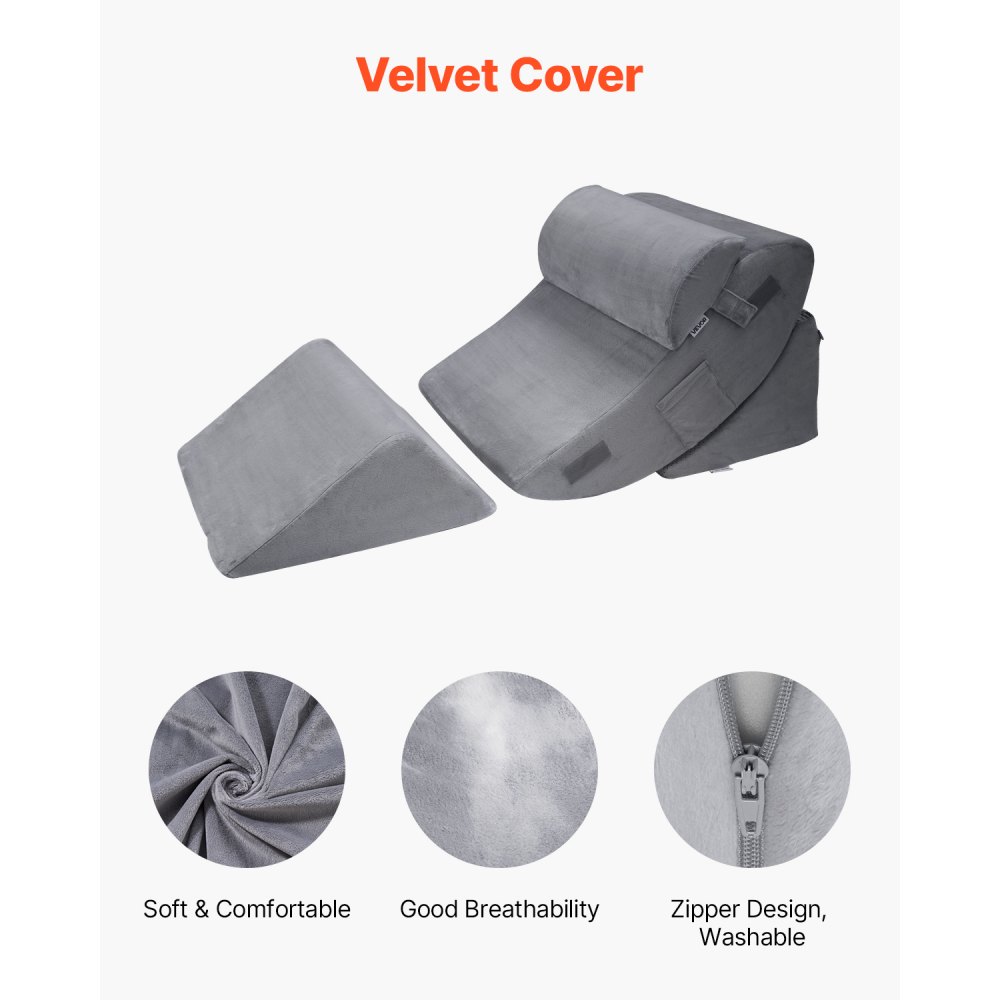 VEVOR Cuscino a Cuneo per Dormire, Set di 4, Cuscini Ortopedici Regolabili per Letto, Supporto per Gambe, Collo e Spalle, per Mal di Schiena, Reflusso Acido, Sollievo dal Russare, Grigio Scuro