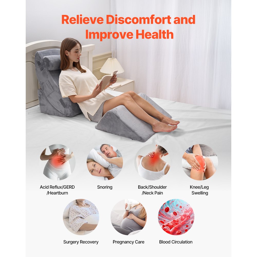 VEVOR Cuscino a Cuneo per Dormire, Set di 4, Cuscini Ortopedici Regolabili per Letto, Supporto per Gambe, Collo e Spalle, per Mal di Schiena, Reflusso Acido, Sollievo dal Russare, Grigio Scuro